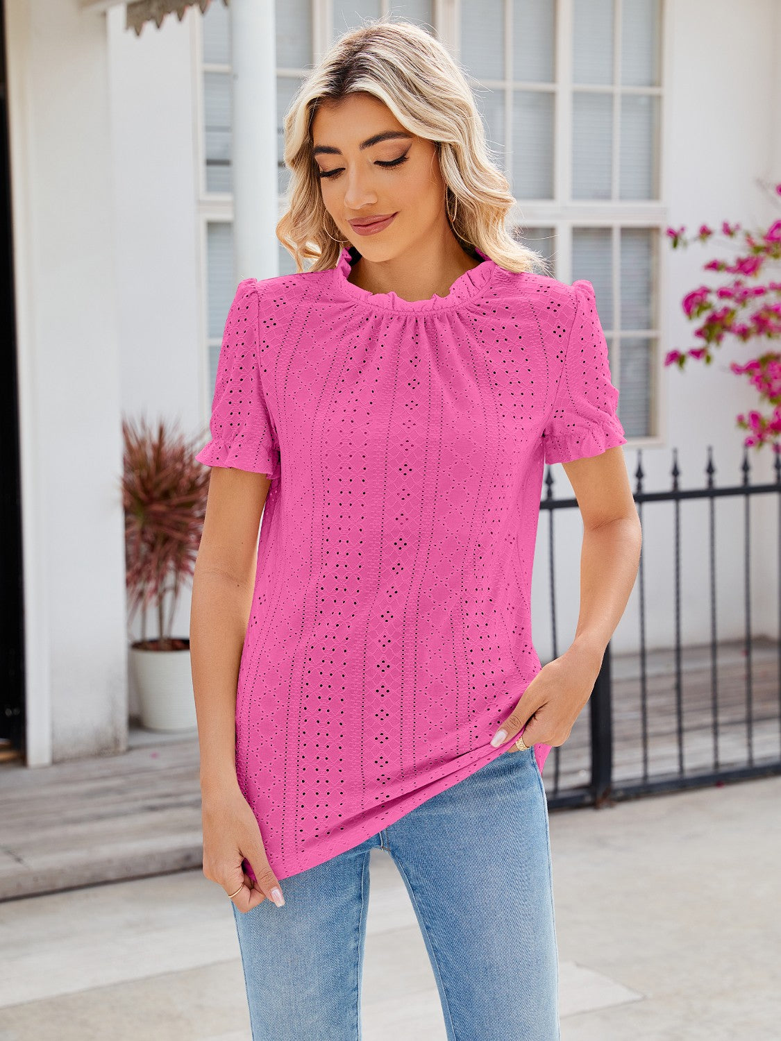 Eyelet Frill Mock Neck Flounce Sleeve Blouse-TOPS / DRESSES-[Adult]-[Female]-Pink-S-2022 Online Blue Zone Planet