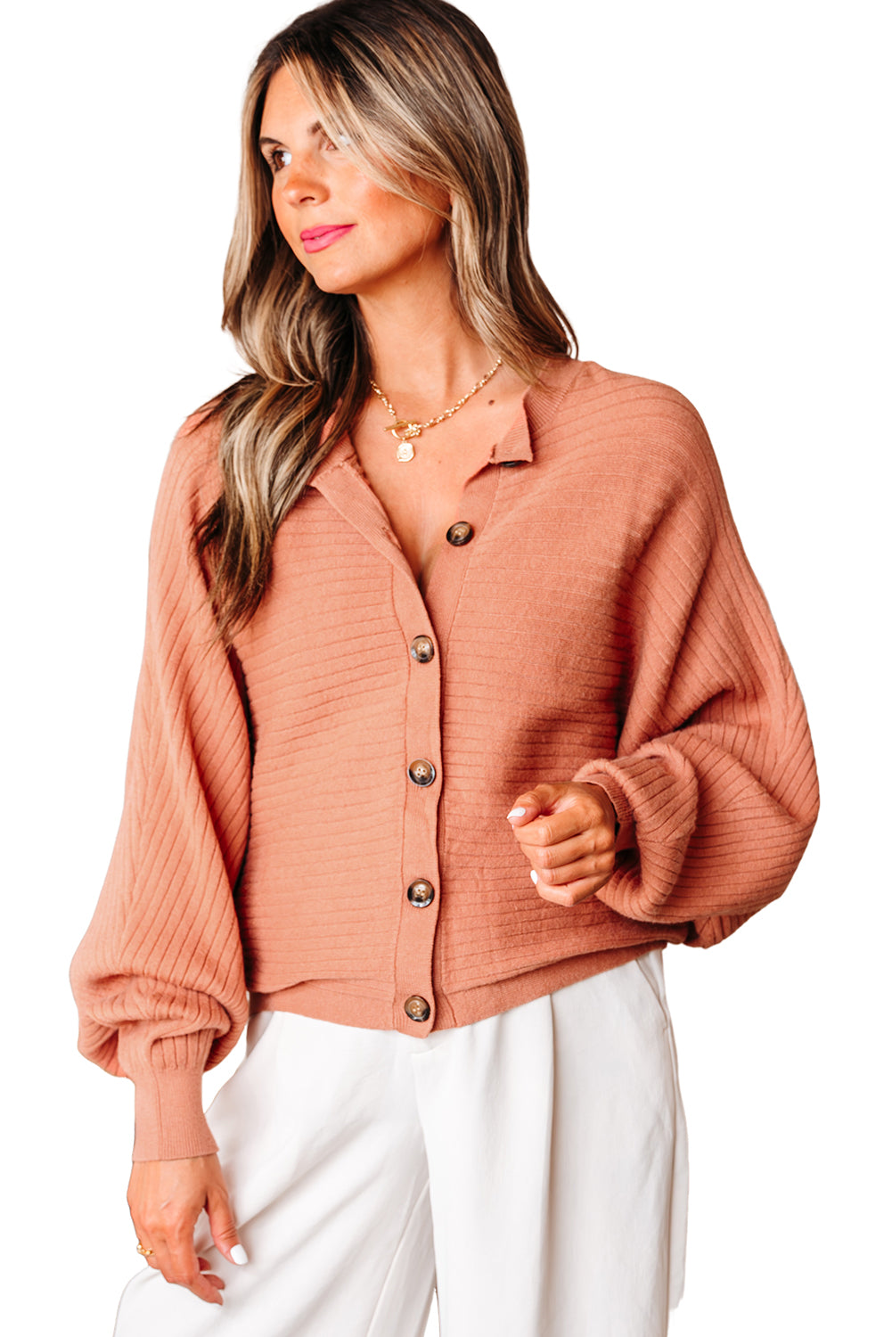 Apricot Pink Wide Rib Knit Button Front Dolman Sleeve Sweater Cardigan-TOPS / DRESSES-[Adult]-[Female]-2022 Online Blue Zone Planet