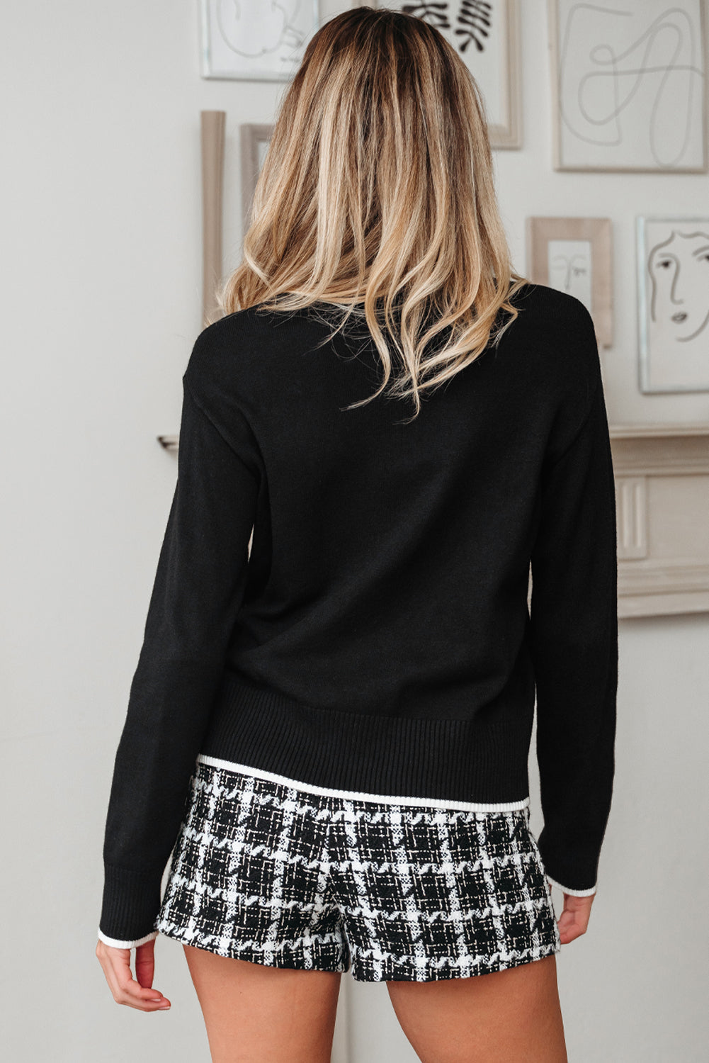 Black Contrast Trim Big Bow Accent Holiday Cropped Sweater-TOPS / DRESSES-[Adult]-[Female]-2022 Online Blue Zone Planet