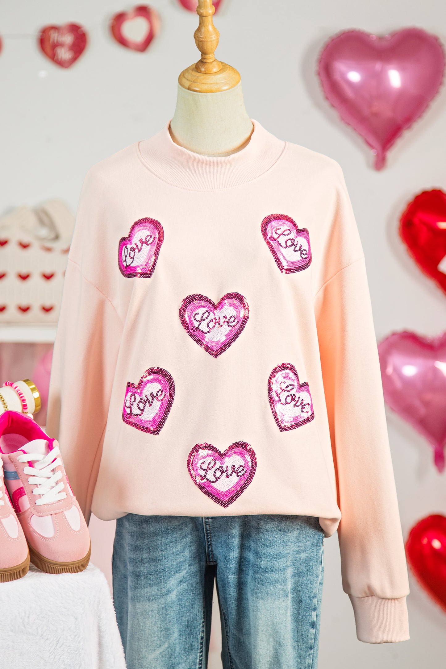Apricot Pink Sequin Love Heart Patched Mock Neck Sweatshirt-Graphic Sweatshirts-[Adult]-[Female]-2022 Online Blue Zone Planet