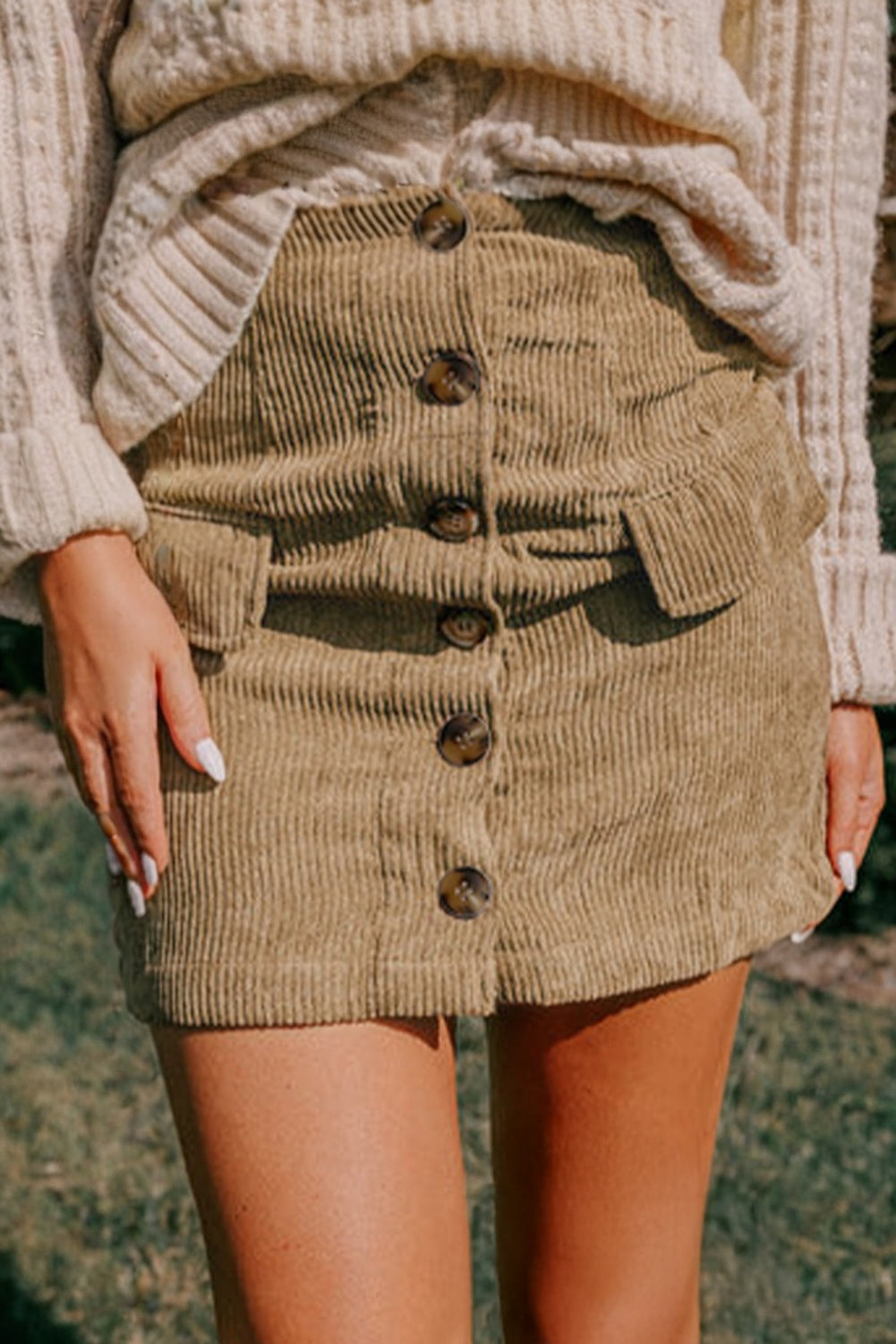 Camel Corduroy Buttoned Front Faux Pockets Mini Skirt-Bottoms/Skirts & Petticoat-[Adult]-[Female]-2022 Online Blue Zone Planet