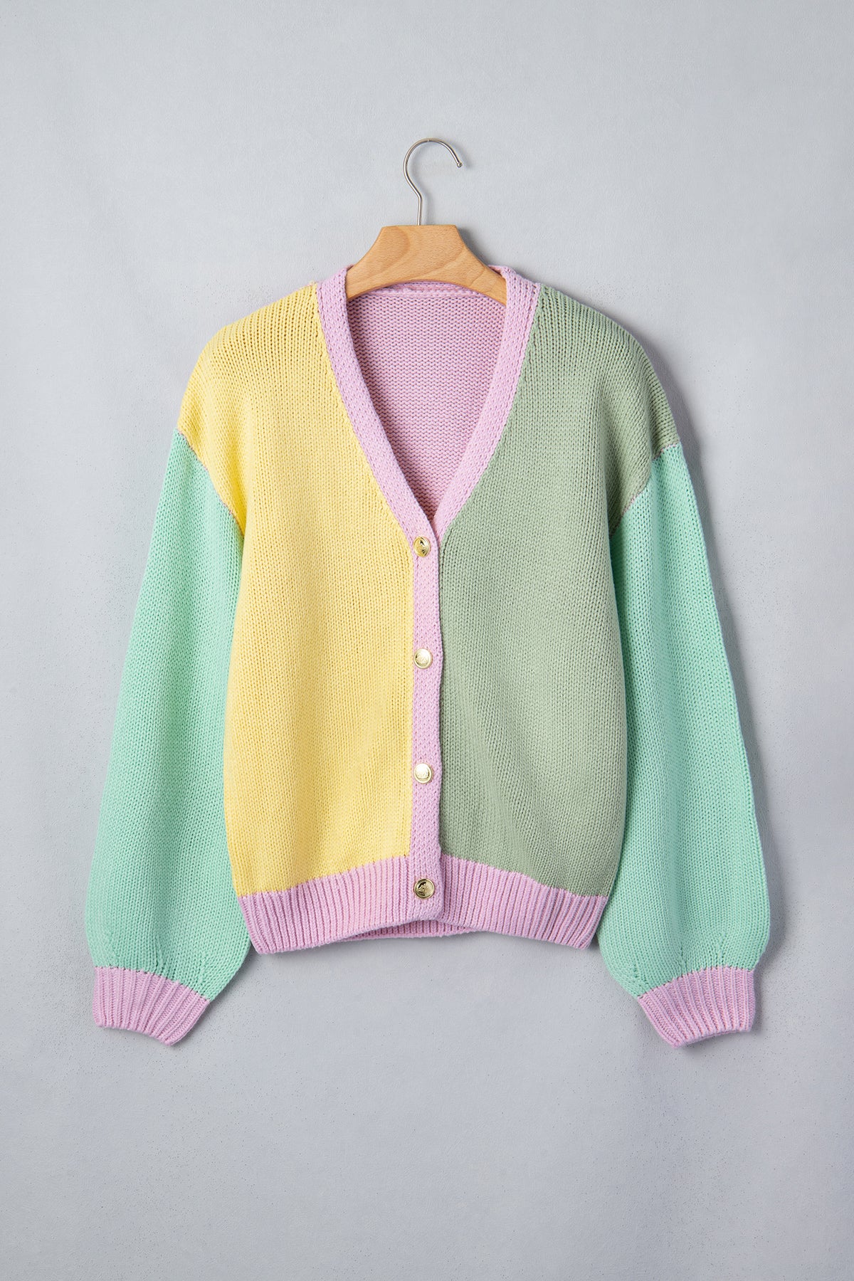 Yellow V Neck Drop Shoulder Patchwork Regular Wash Knitwear Cardigan-Sweaters & Cardigans/Cardigans-[Adult]-[Female]-2022 Online Blue Zone Planet