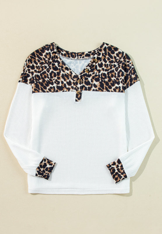 Waffle-Knit Leopard V-Neck Long Sleeve Blouse-TOPS / DRESSES-[Adult]-[Female]-2022 Online Blue Zone Planet