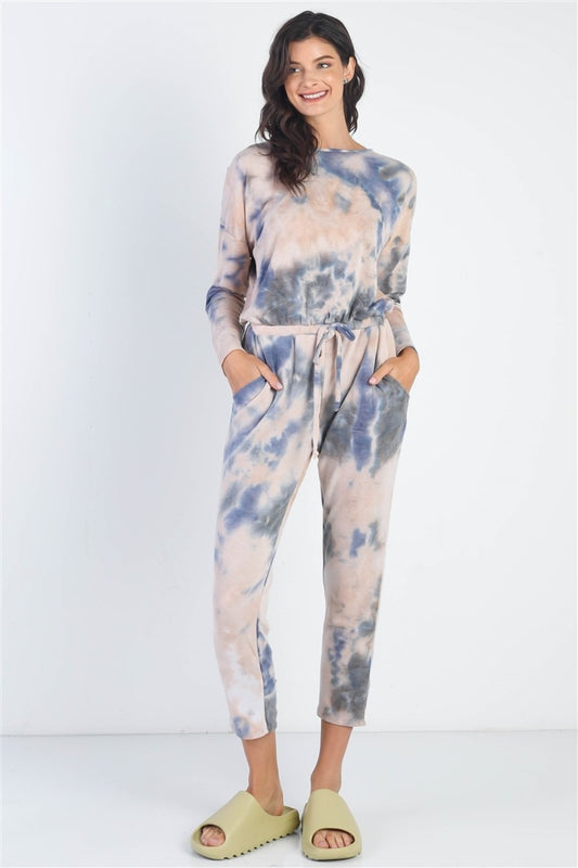 Blue Zone Planet | Cherish Apparel Tie-Dye Round Neck Long Sleeve Jumpsuit-TOPS / DRESSES-[Adult]-[Female]-Navy-S-2022 Online Blue Zone Planet