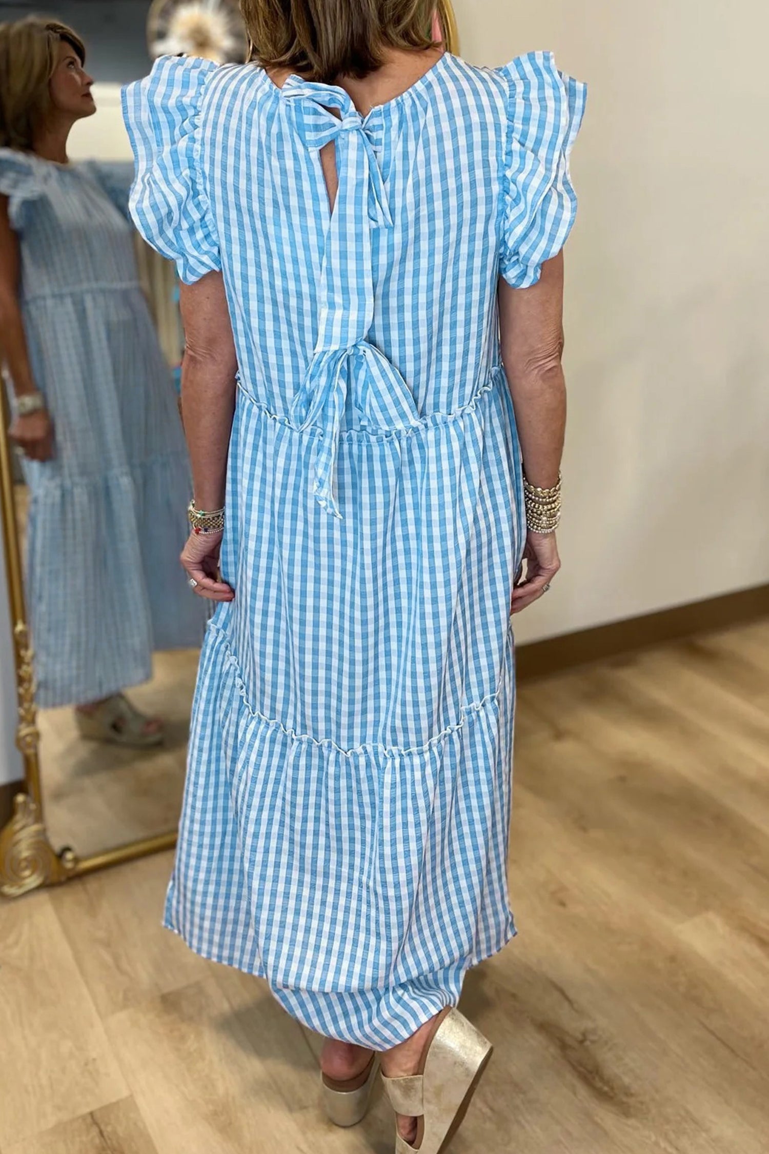 Sky Blue Knot Back Ruffled Short Sleeve Gingham Maxi Dress-TOPS / DRESSES-[Adult]-[Female]-2022 Online Blue Zone Planet