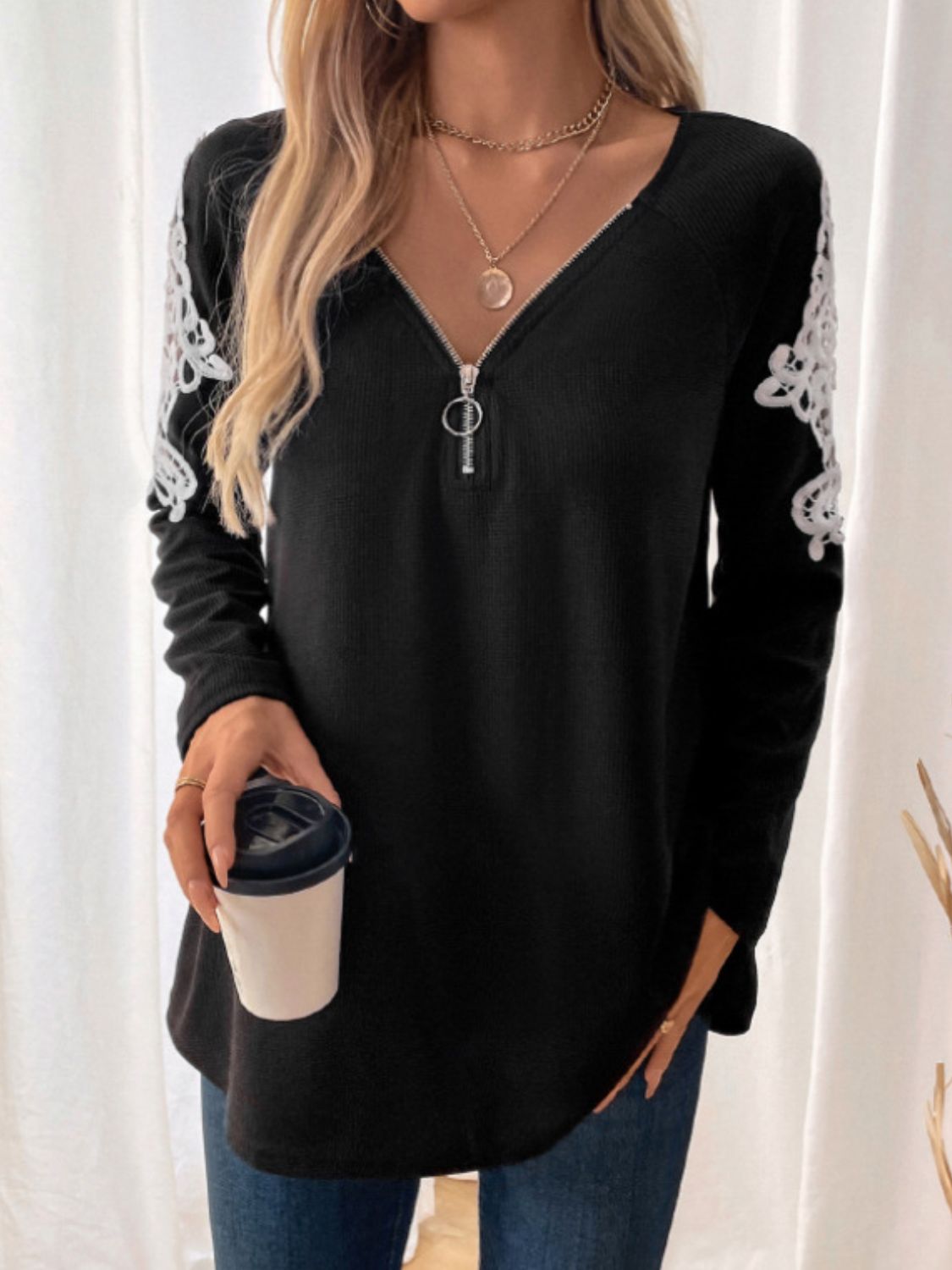 Blue Zone Planet | Perfee Lace Detail Quarter Zip Long Sleeve Top-TOPS / DRESSES-[Adult]-[Female]-2022 Online Blue Zone Planet