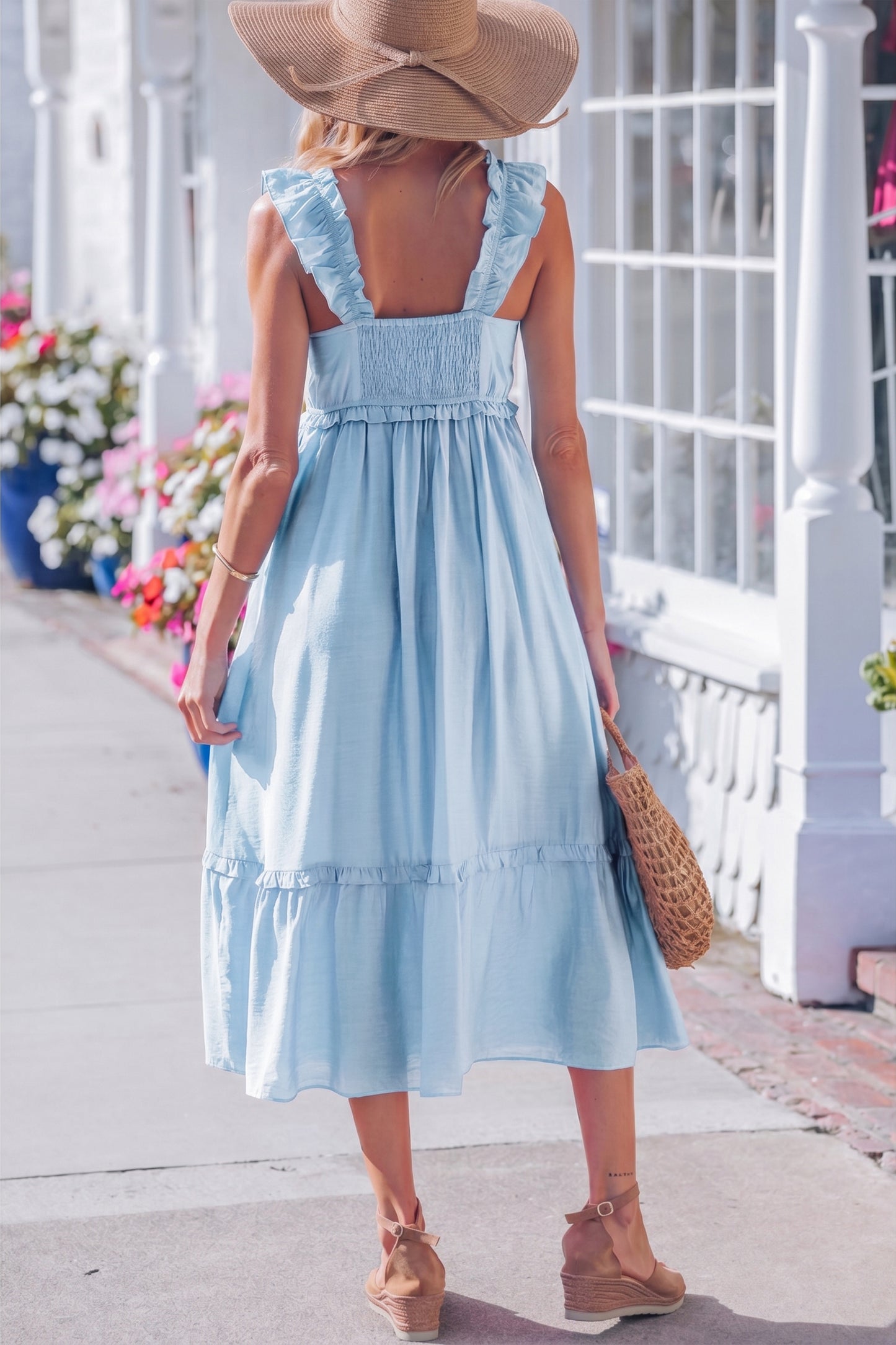 Beau Blue Solid Color Ruffle Trim High Waist Sleeveless Maxi Dress-Dresses/Maxi Dresses-[Adult]-[Female]-2022 Online Blue Zone Planet