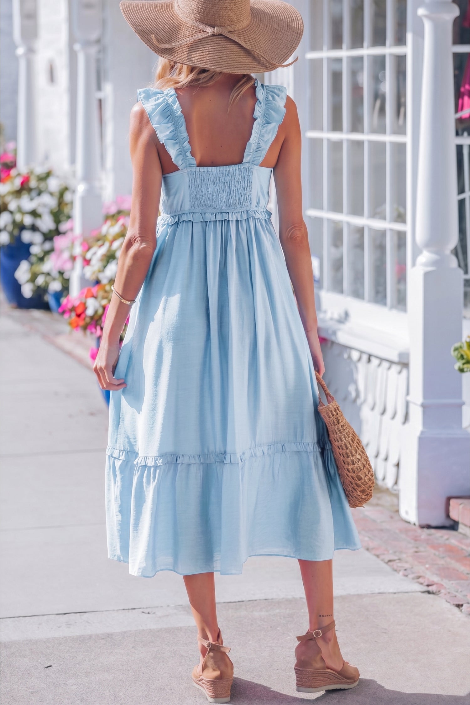 Beau Blue Solid Color Ruffle Trim High Waist Sleeveless Maxi Dress-Dresses/Maxi Dresses-[Adult]-[Female]-2022 Online Blue Zone Planet
