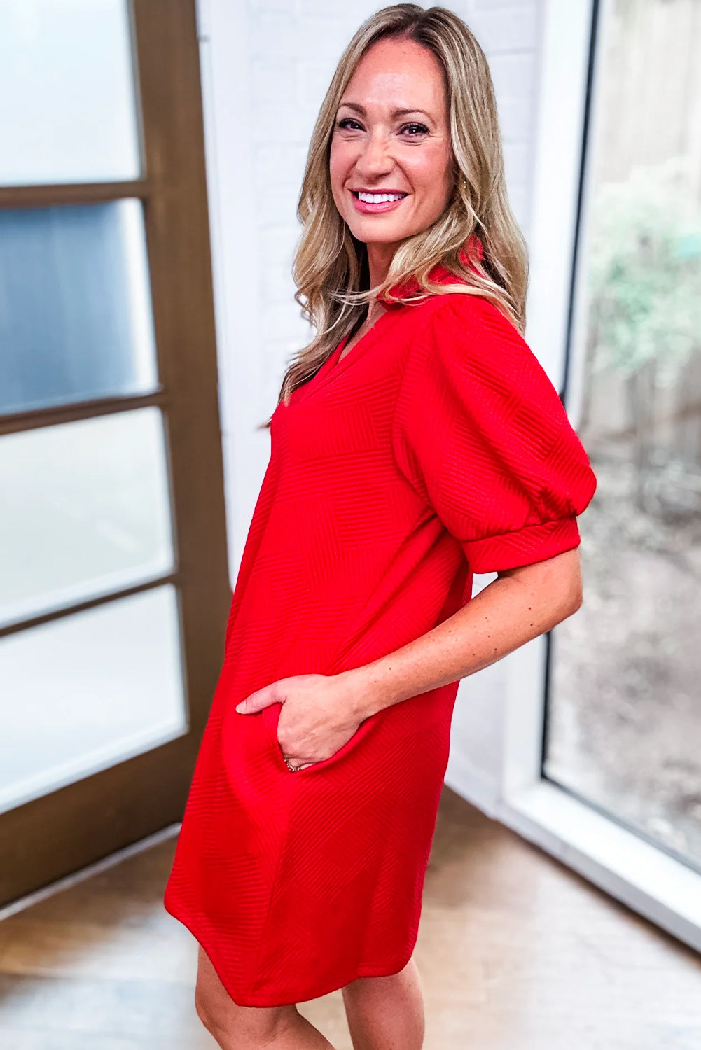 Fiery Red Textured Collared V Neck Puff Short Sleeve Shift Mini Dress-Dresses/Mini Dresses-[Adult]-[Female]-2022 Online Blue Zone Planet