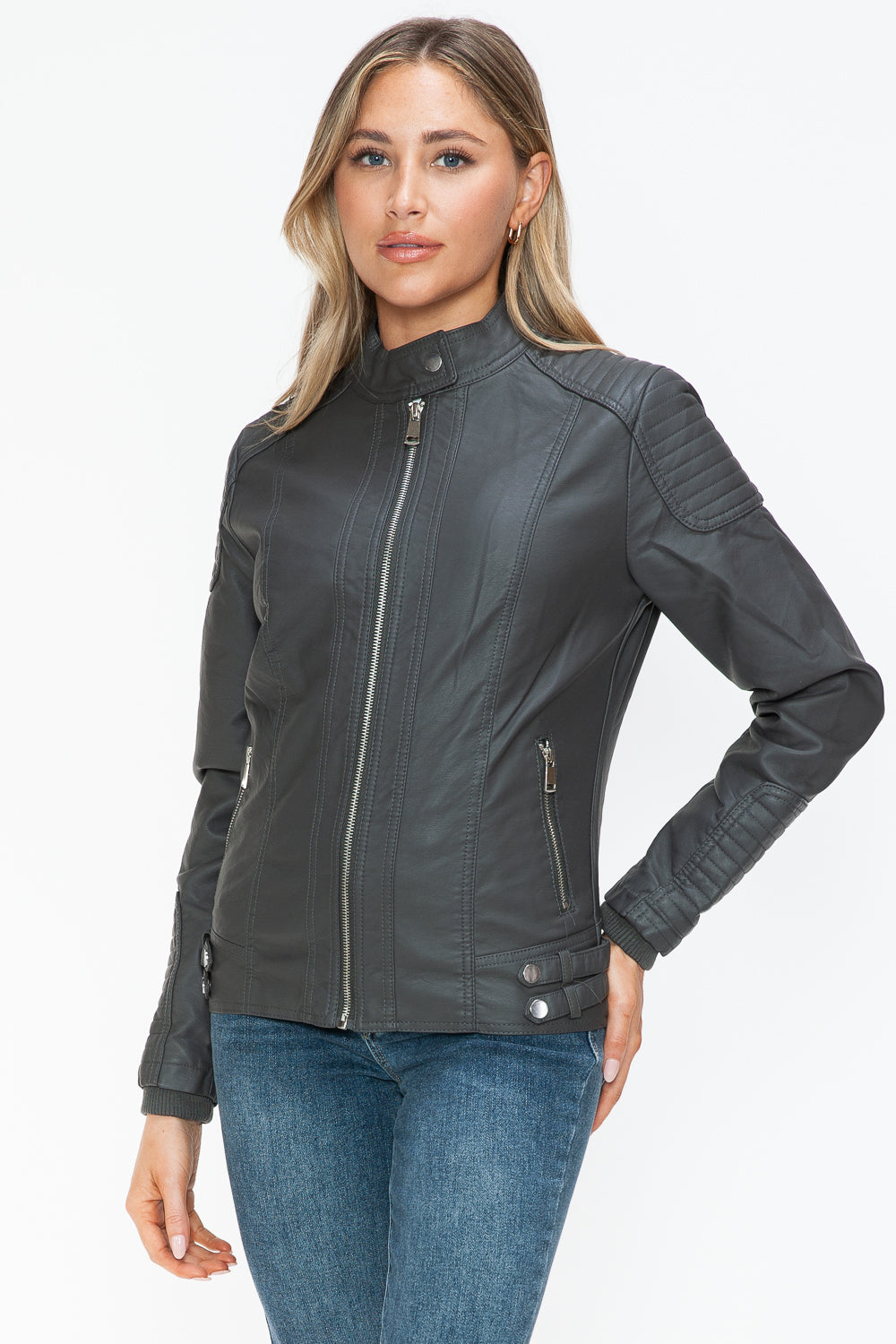 Blue Zone Planet | Snobbish Faux Leather Biker Jacket with Side Zip Pockets-TOPS / DRESSES-[Adult]-[Female]-2022 Online Blue Zone Planet