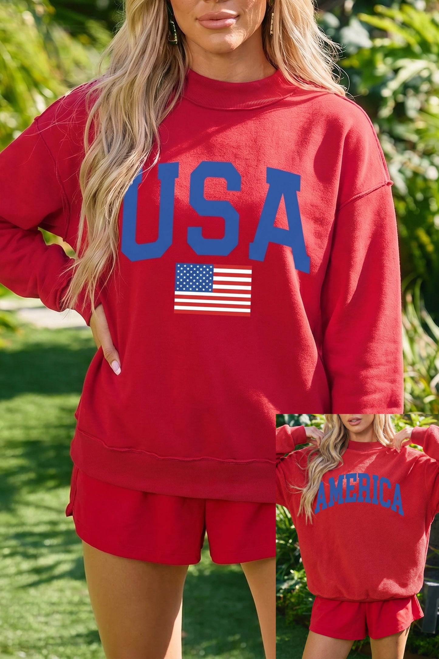 Racing Red Mock Neck Reversible USA/America Graphic Sweatshirt-Graphic/Graphic Sweatshirts-[Adult]-[Female]-Racing Red-S-2022 Online Blue Zone Planet