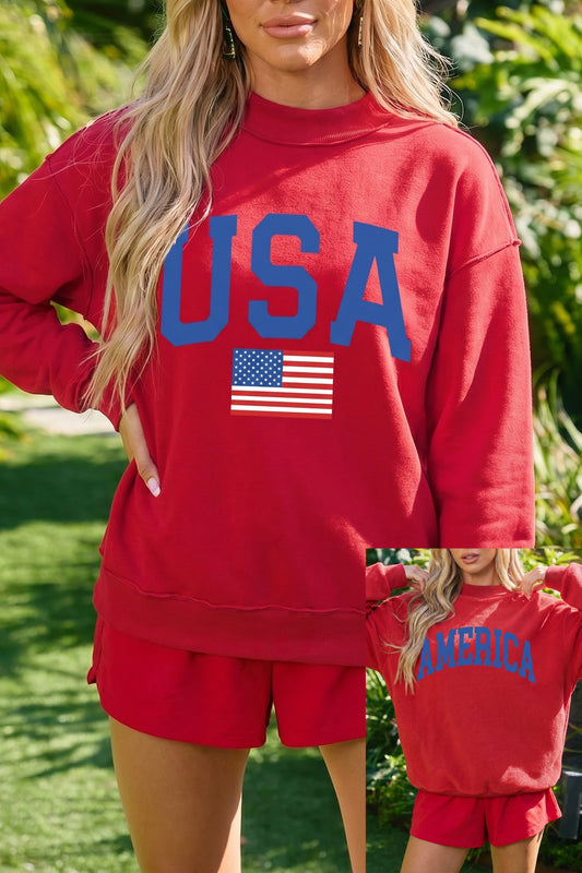 Racing Red Mock Neck Reversible USA/America Graphic Sweatshirt-Graphic/Graphic Sweatshirts-[Adult]-[Female]-Racing Red-S-2022 Online Blue Zone Planet