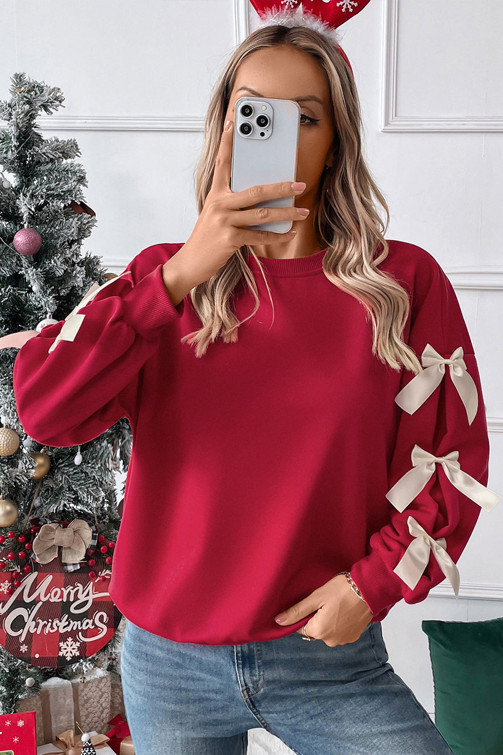 Blue Zone Planet | Fiery Red Sweet Bowknot Round Neck Sweatshirt-Sweatshirts & Hoodies-[Adult]-[Female]-2022 Online Blue Zone Planet