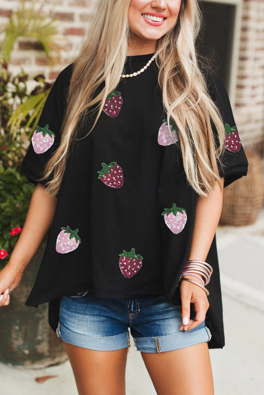 Black Sequin Strawberry Graphic High Low Relaxed Fit Tee-Graphic/Graphic Tees-[Adult]-[Female]-Black-S-2022 Online Blue Zone Planet