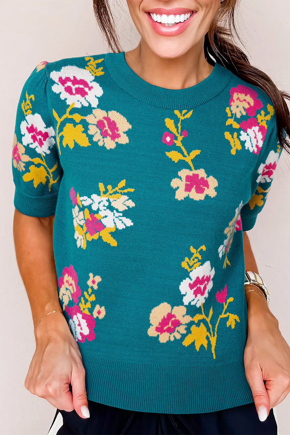 Blue Flower Pattern Mock Neck Short Sleeve Knitted T Shirt-Sweaters & Cardigans/Short Sleeve Sweaters-[Adult]-[Female]-Blue-S-2022 Online Blue Zone Planet