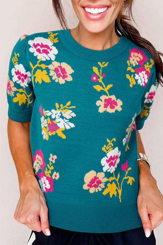 Blue Flower Pattern Mock Neck Short Sleeve Knitted T Shirt-Sweaters & Cardigans/Short Sleeve Sweaters-[Adult]-[Female]-Blue-S-2022 Online Blue Zone Planet