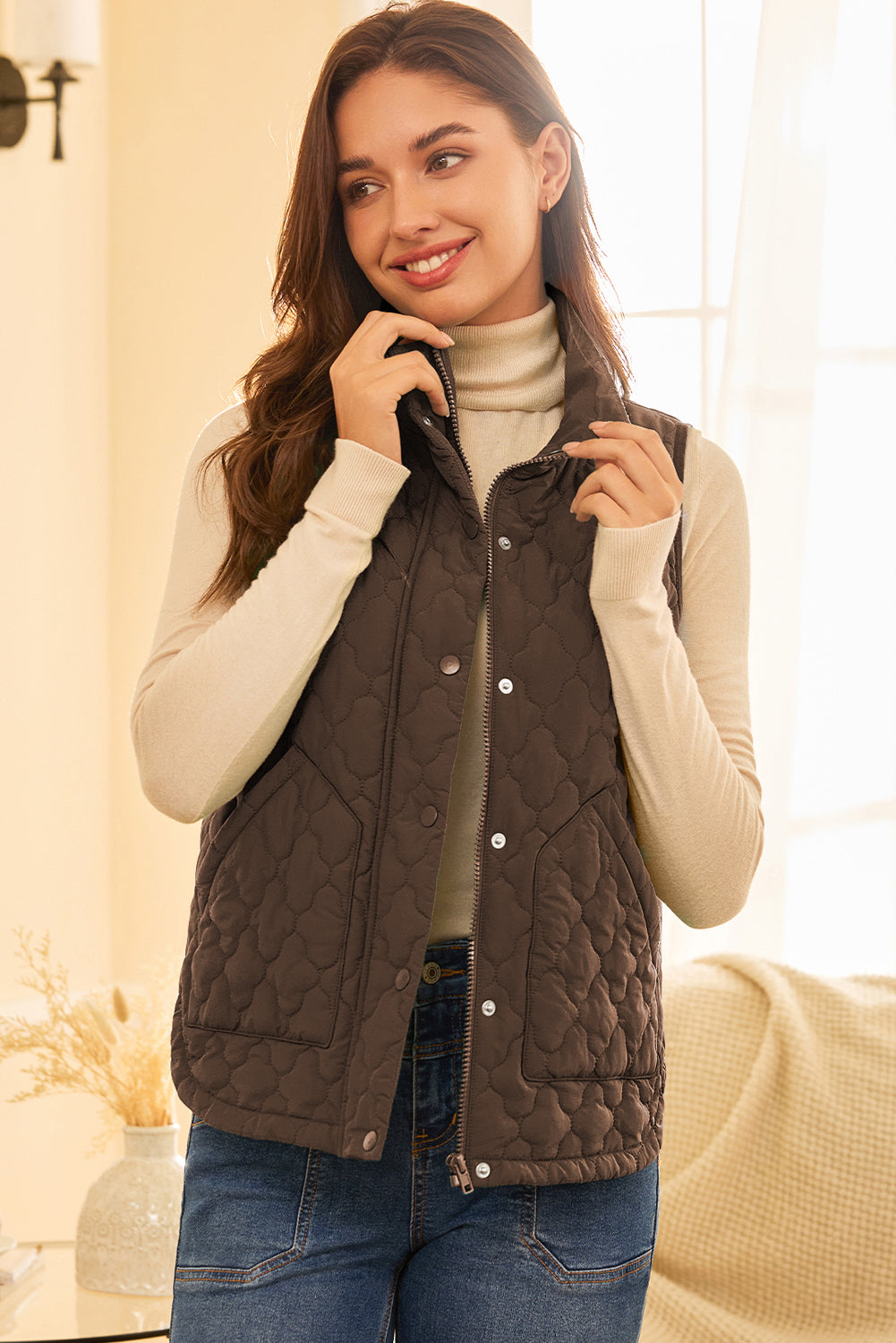 Dark Brown Flower Shape Quilted Snap Button Zip Up Winter Vest-Outerwear/Vests-[Adult]-[Female]-2022 Online Blue Zone Planet