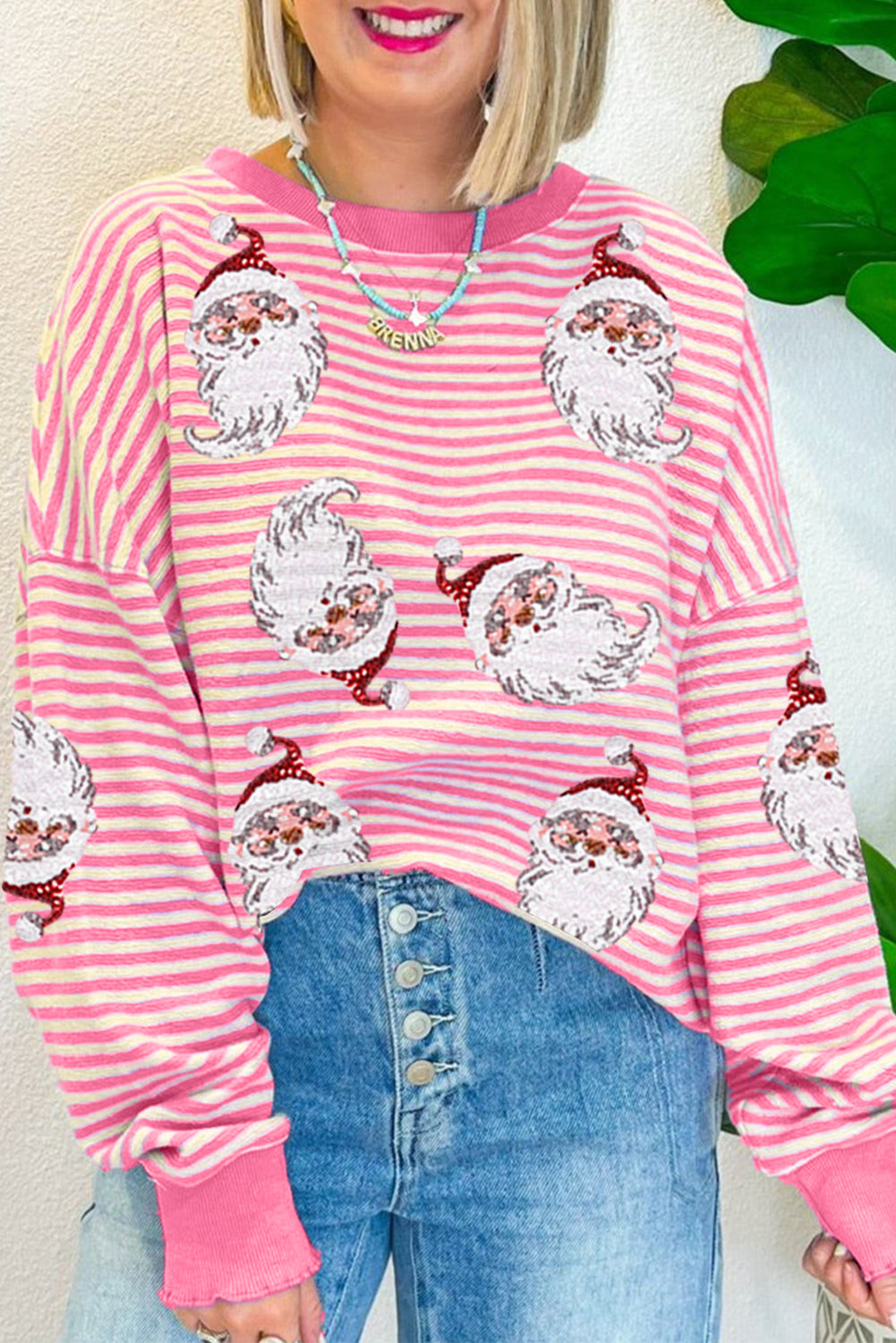 Blue Zone Planet | Pink Stripe Sequined Santa Claus Graphic Christmas Long Sleeve Top-Graphic Apparel-[Adult]-[Female]-Pink Stripe-S-2022 Online Blue Zone Planet