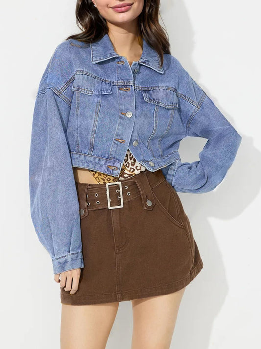 Collared Neck Dropped Shoulder Cropped Denim Top-TOPS / DRESSES-[Adult]-[Female]-Medium-S-2022 Online Blue Zone Planet