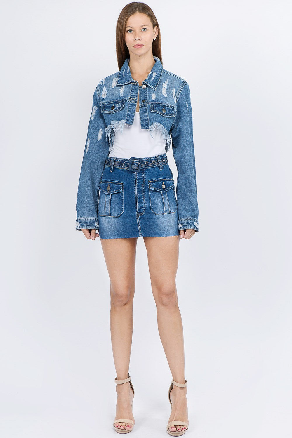 American Bazi Distressed Denim Jacket with Frayed Hem-TOPS / DRESSES-[Adult]-[Female]-2022 Online Blue Zone Planet