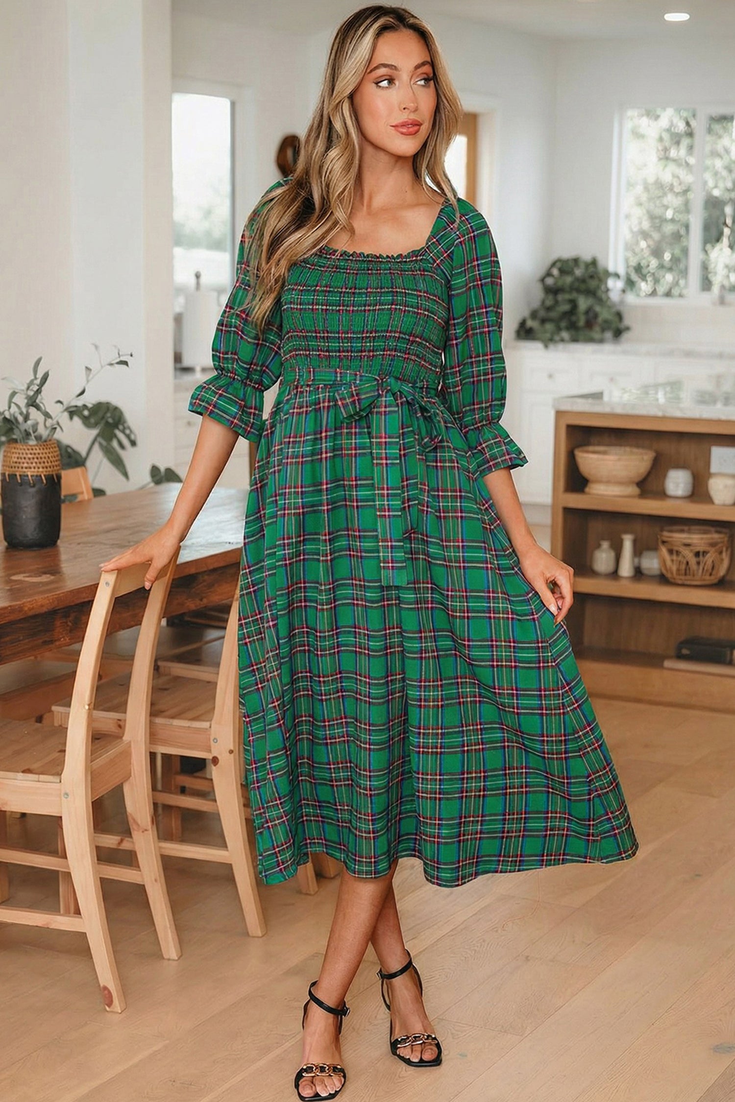 Green Tartan Plaid Square Neck Puff Sleeve Knot Waist Flared Midi Dress-TOPS / DRESSES-[Adult]-[Female]-2022 Online Blue Zone Planet