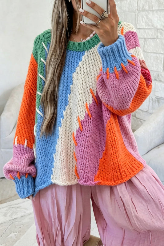Bonbon Color Block Patchwork Knit Stitched Detail Oversize Sweater-Sweaters & Cardigans/Sweaters-[Adult]-[Female]-Bonbon-S-2022 Online Blue Zone Planet