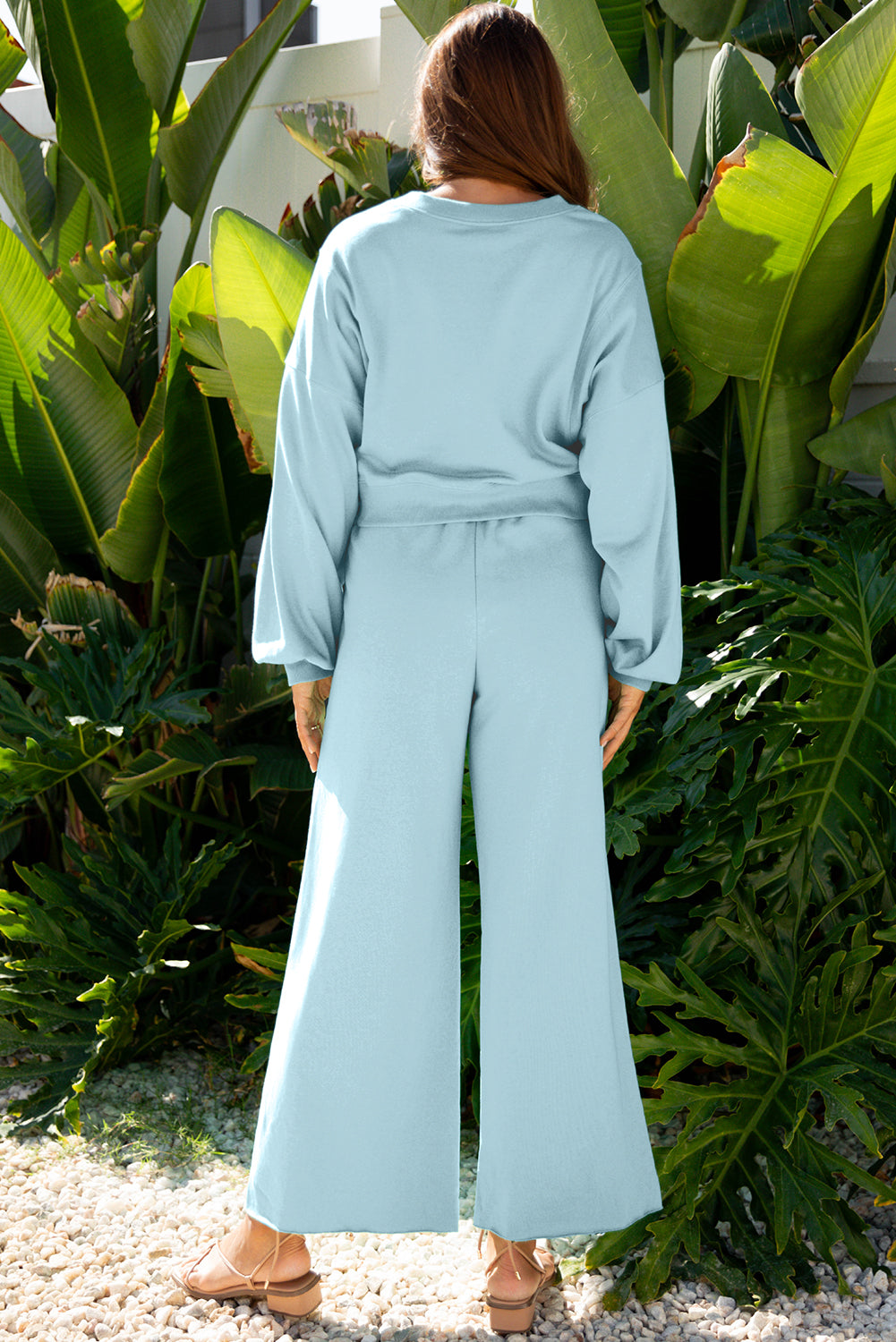 Mist Blue Drop Shoulder Puff Sleeve Crop Pullover Drawstring Wide Leg Pants Set-Two Piece Sets/Pant Sets-[Adult]-[Female]-2022 Online Blue Zone Planet