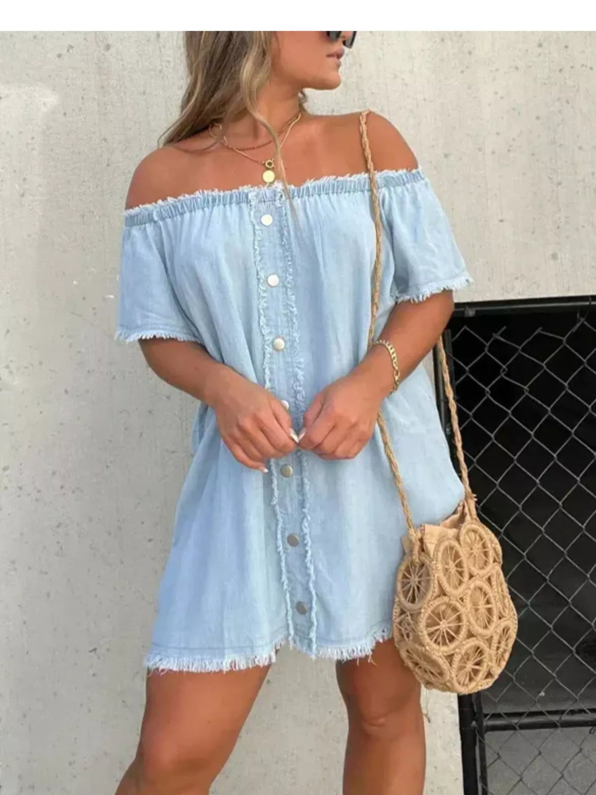 denim off the shoulder dress plus size Full Off-Shoulder Button-Down Frayed Size – Blue Zone Planet Size:One size, suitable for less than 63kg From the off 52 Buy Women's Clothing Cotton