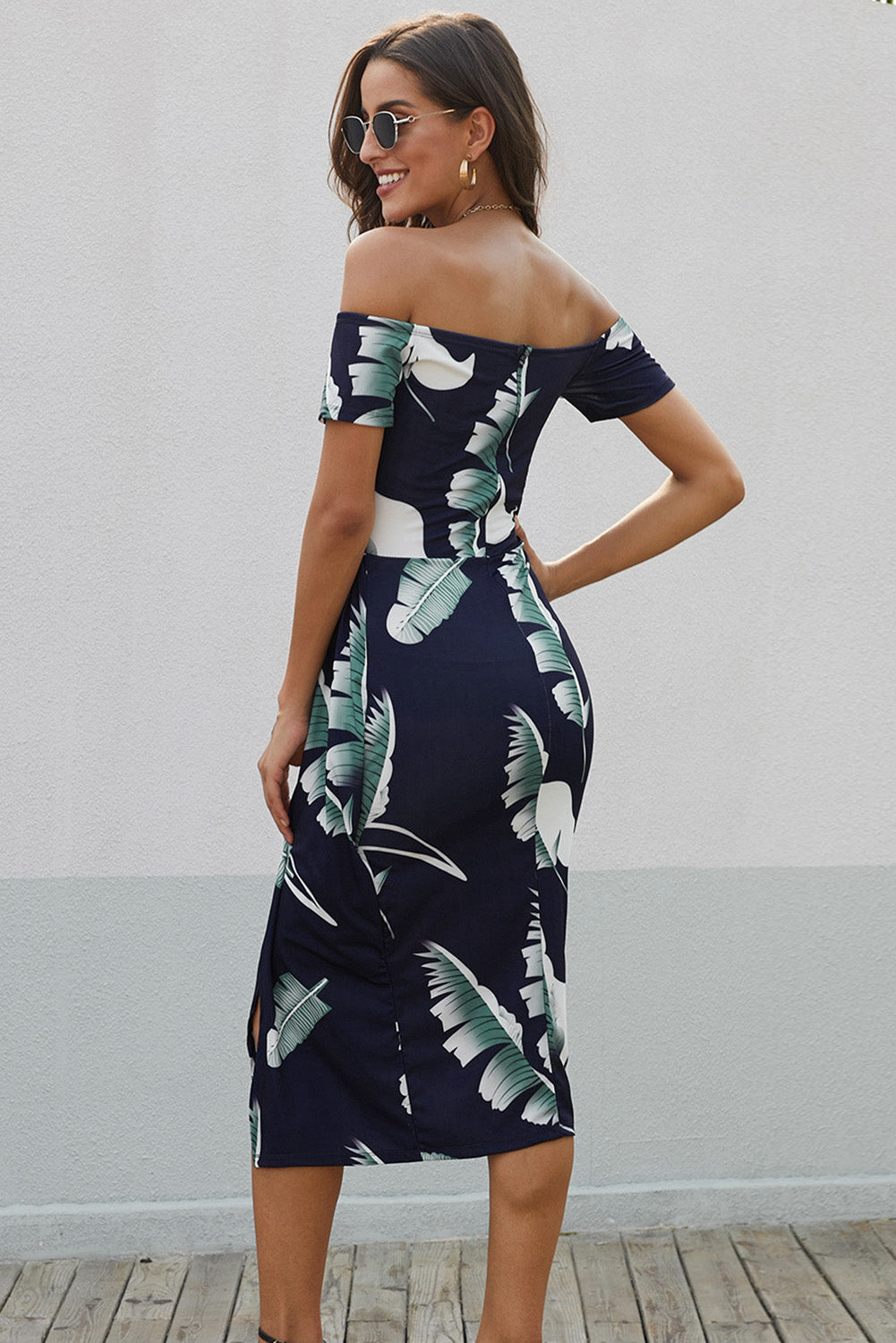 Pink Floral Print Off Shoulder Slit Bodycon Midi Dress Blue Zone Planet