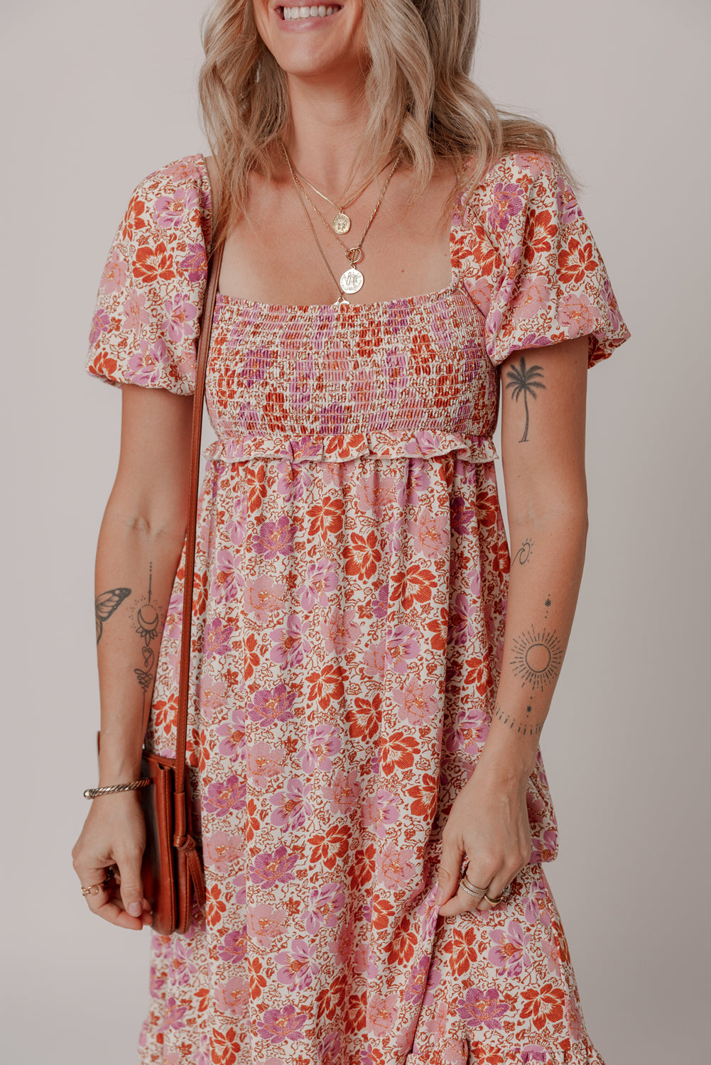 Pink Floral Square Neck Knotted Ruffle Midi Dress-TOPS / DRESSES-[Adult]-[Female]-2022 Online Blue Zone Planet