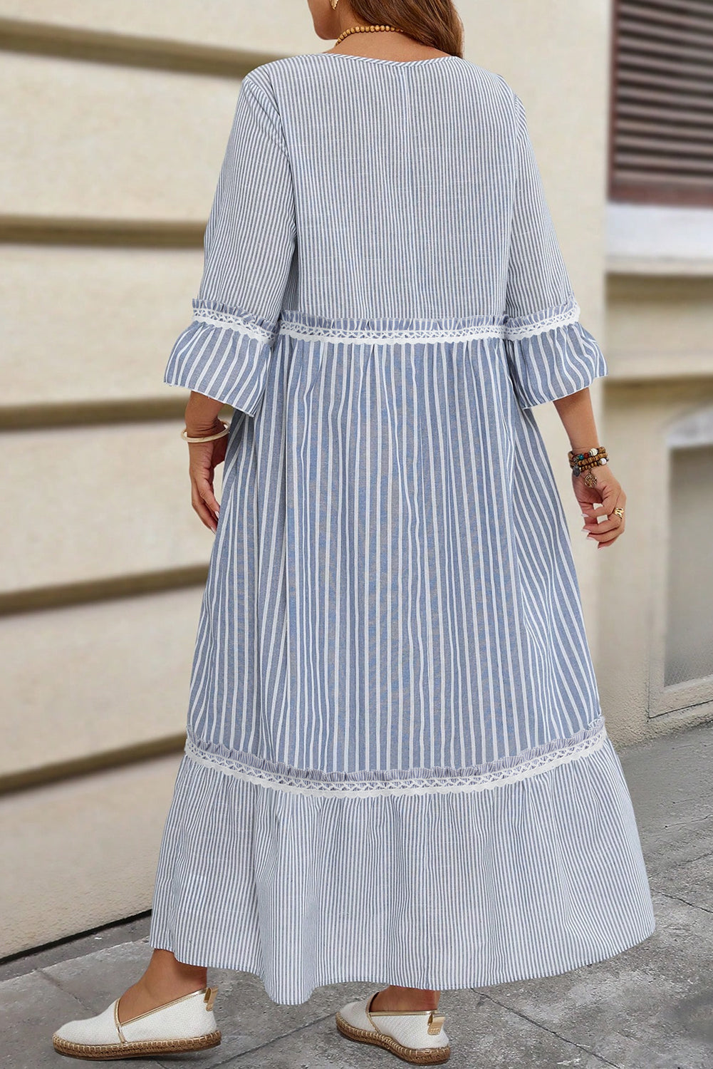 Sky Blue Stripe Crisscross Lace Detail Mixed Striped Patchwork Plus Size Shift Long Dress-Plus Size/Plus Size Dresses/Plus Size Maxi Dresses-[Adult]-[Female]-2022 Online Blue Zone Planet