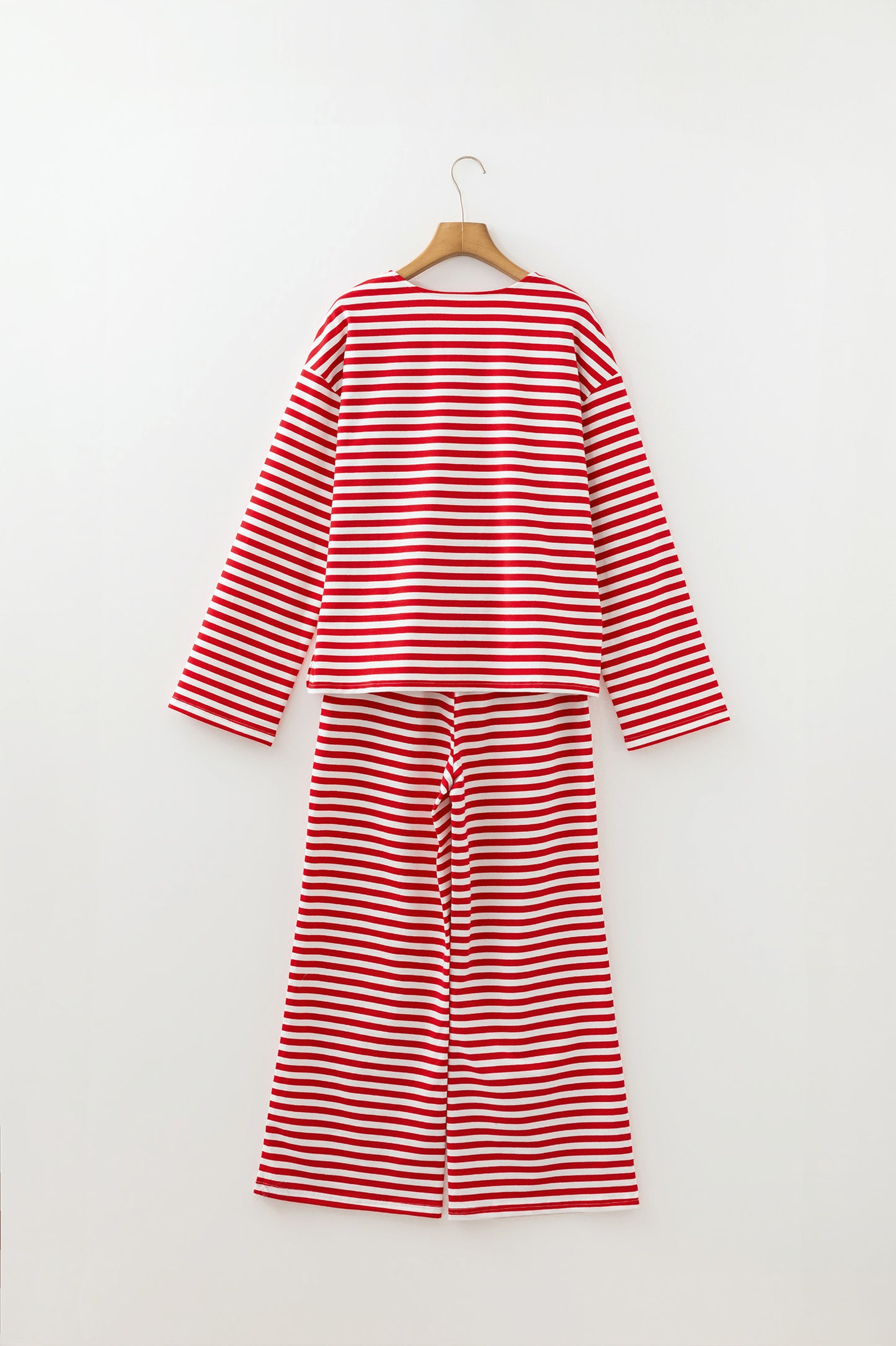 Red Stripe Drop Shoulder Long Sleeve Top Lounge Pants 2pcs Set-Loungewear & Sleepwear/Loungewear-[Adult]-[Female]-2022 Online Blue Zone Planet