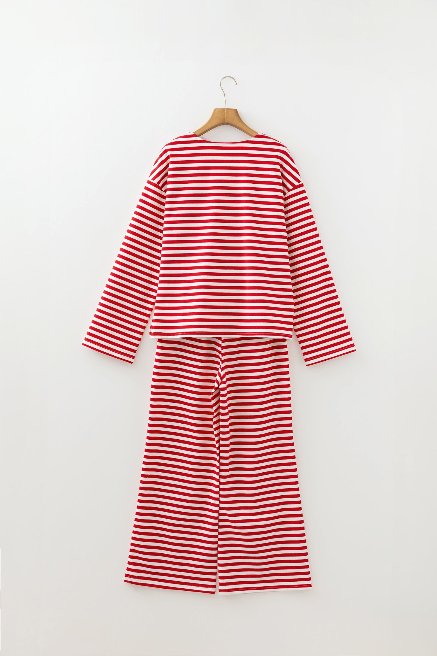 Red Stripe Drop Shoulder Long Sleeve Top Lounge Pants 2pcs Set-Loungewear & Sleepwear/Loungewear-[Adult]-[Female]-2022 Online Blue Zone Planet