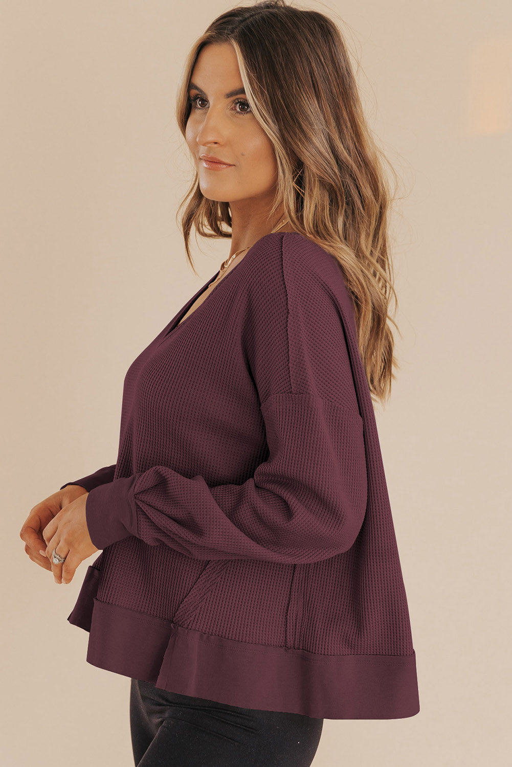 Black Waffle Knit Notched V Neck Drop Shoulder Solid Sweatshirt-Tops/Sweatshirts & Hoodies-[Adult]-[Female]-2022 Online Blue Zone Planet