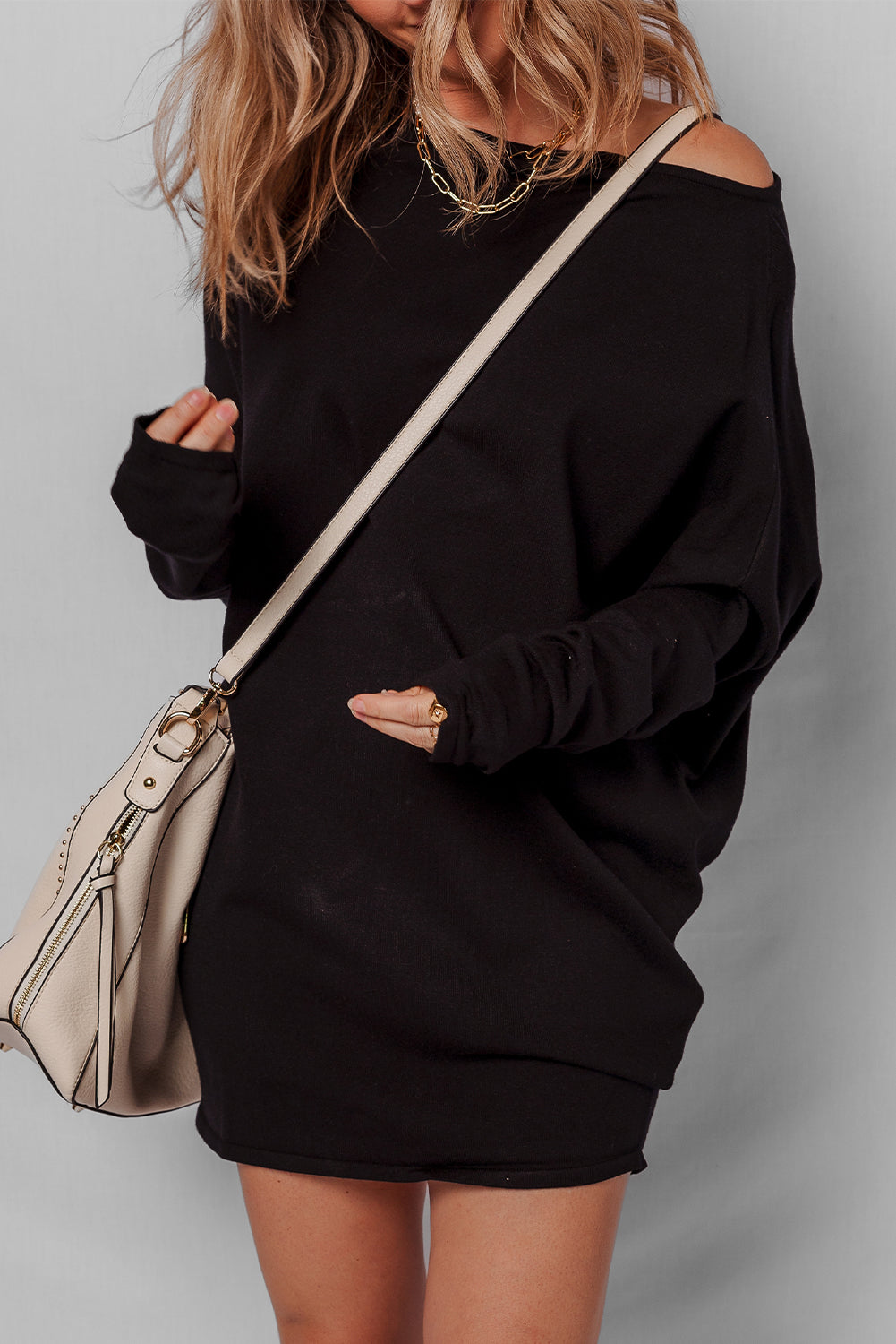 Black Asymmetric Neck Batwing Sleeve Shift Mini Sweater Dress-TOPS / DRESSES-[Adult]-[Female]-2022 Online Blue Zone Planet