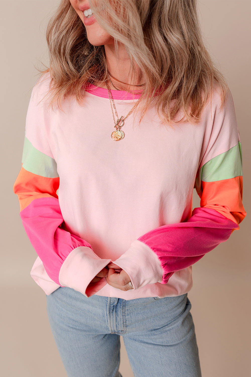 Green Colorblock Patchwork Long Sleeve Loose Top-Tops/Long Sleeve Tops-[Adult]-[Female]-Pink-S-2022 Online Blue Zone Planet