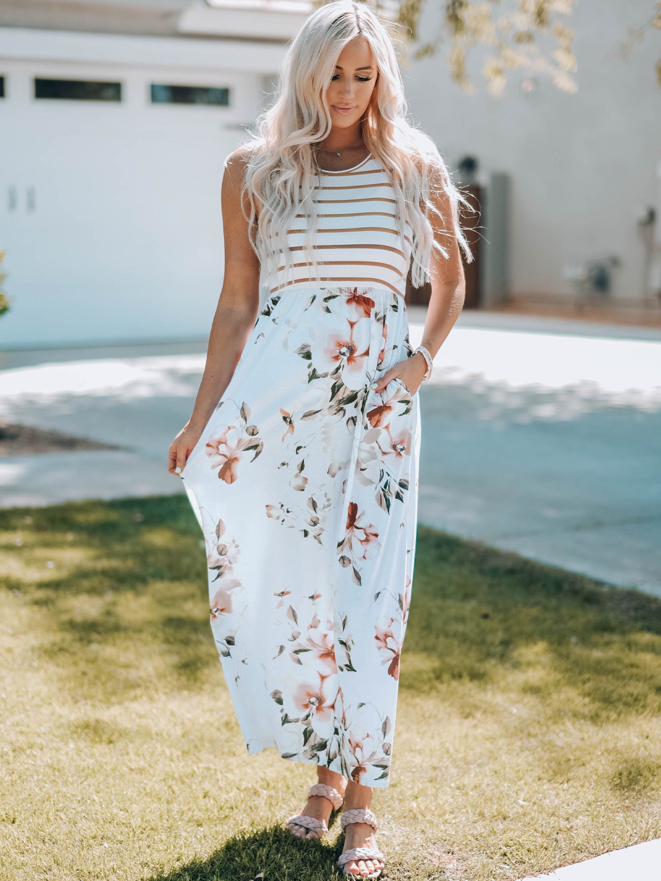 Blue Zone Planet | White Striped Floral Print Sleeveless Maxi Dress with Pocket-TOPS / DRESSES-[Adult]-[Female]-White-S-2022 Online Blue Zone Planet