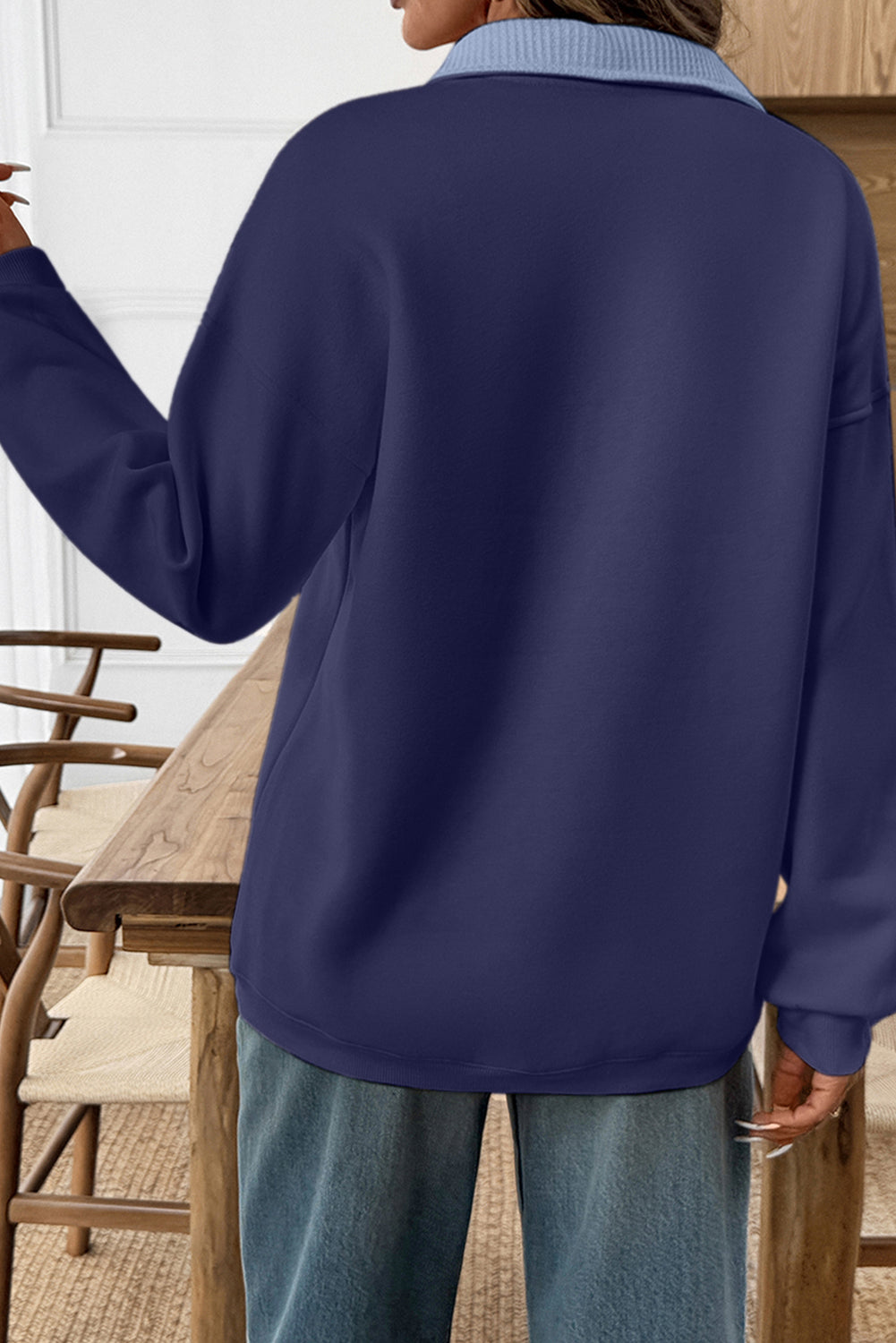 Dirty blue Drop Shoulder Metal Button Casual Pullover Sweatshirt-Tops/Sweatshirts & Hoodies-[Adult]-[Female]-2022 Online Blue Zone Planet