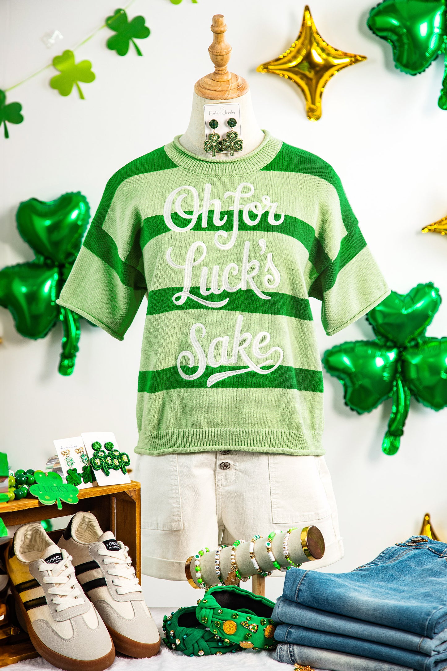 Green Stripe Oh for Lucks Sake St Patricks Day Short Sleeve Sweater-TOPS / DRESSES-[Adult]-[Female]-2022 Online Blue Zone Planet