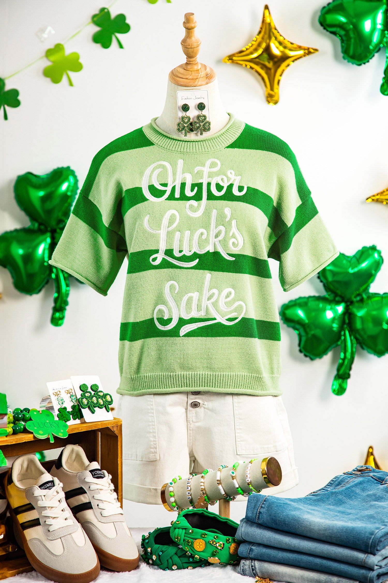 Green Stripe Oh for Lucks Sake St Patricks Day Short Sleeve Sweater-TOPS / DRESSES-[Adult]-[Female]-2022 Online Blue Zone Planet
