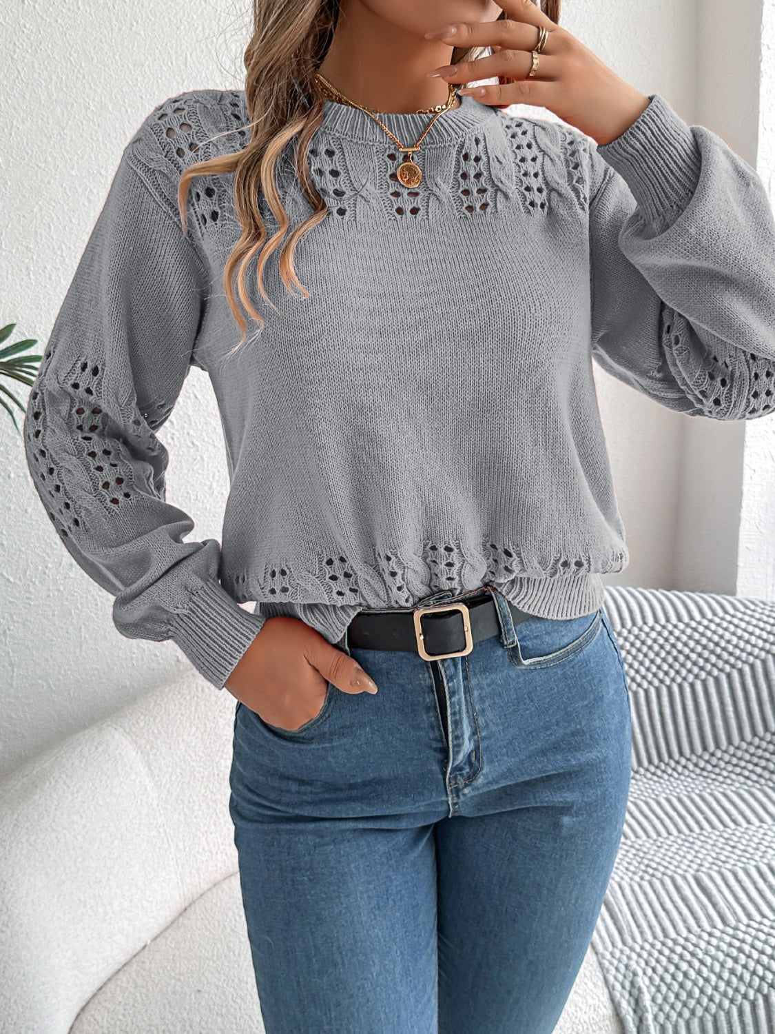 Openwork Round Neck Long Sleeve Sweater-TOPS / DRESSES-[Adult]-[Female]-2022 Online Blue Zone Planet