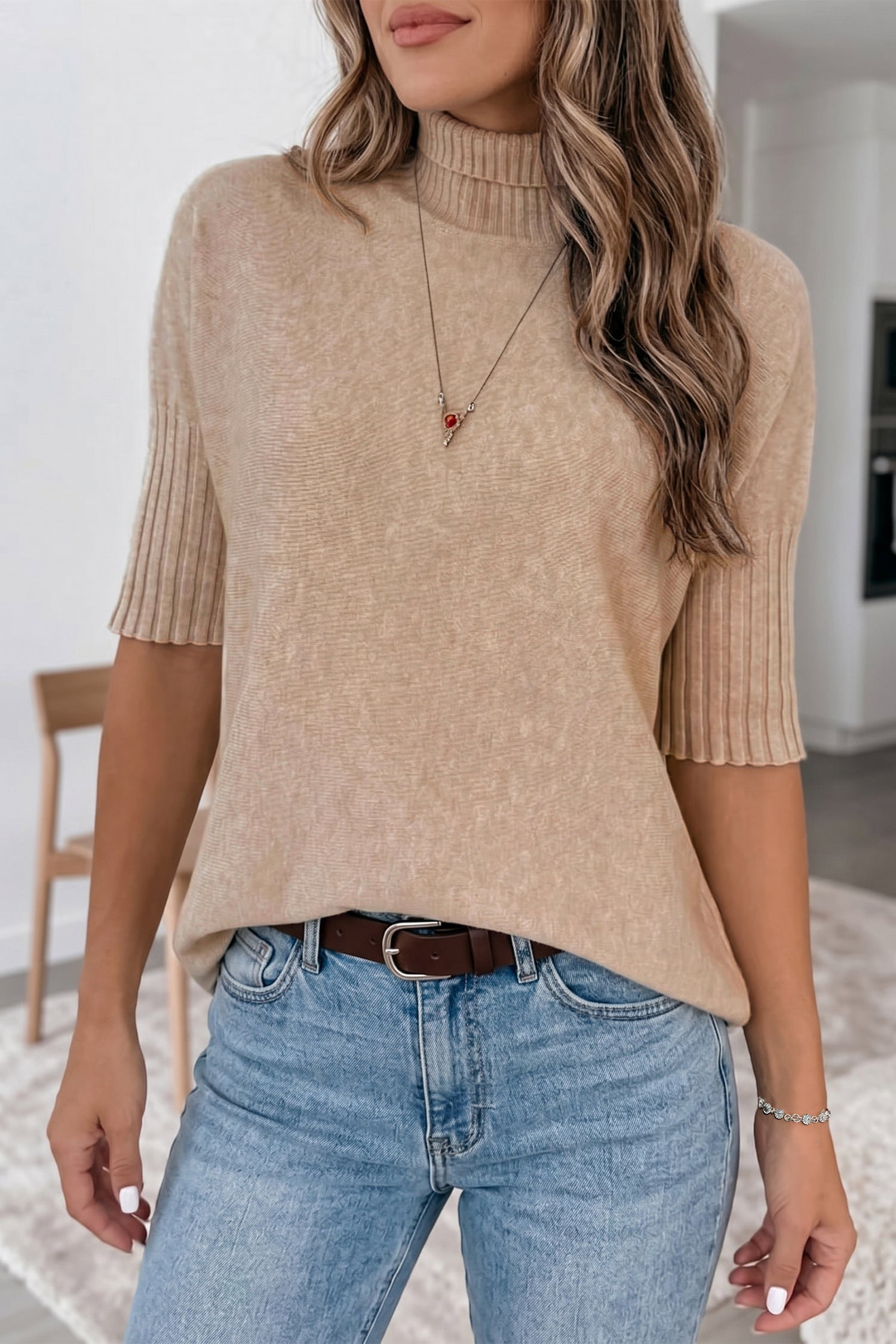 Beige High Neck Short Sleeve Solid Shift Sweater Regular Wash Casual Daily Wear-Sweaters & Cardigans/Short Sleeve Sweaters-[Adult]-[Female]-Beige-S-2022 Online Blue Zone Planet