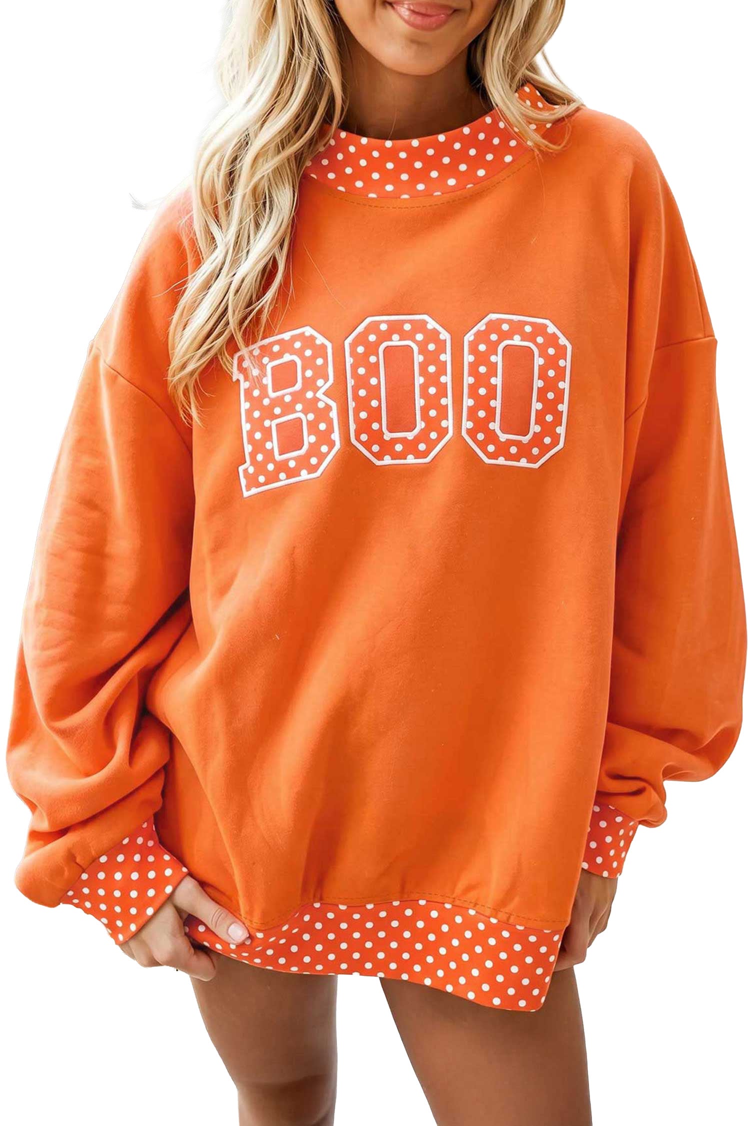 Grapefruit Orange Polka Dot Letter Print Contrast Trim Mock Neck Sweatshirt-Tops/Sweatshirts & Hoodies-[Adult]-[Female]-2022 Online Blue Zone Planet