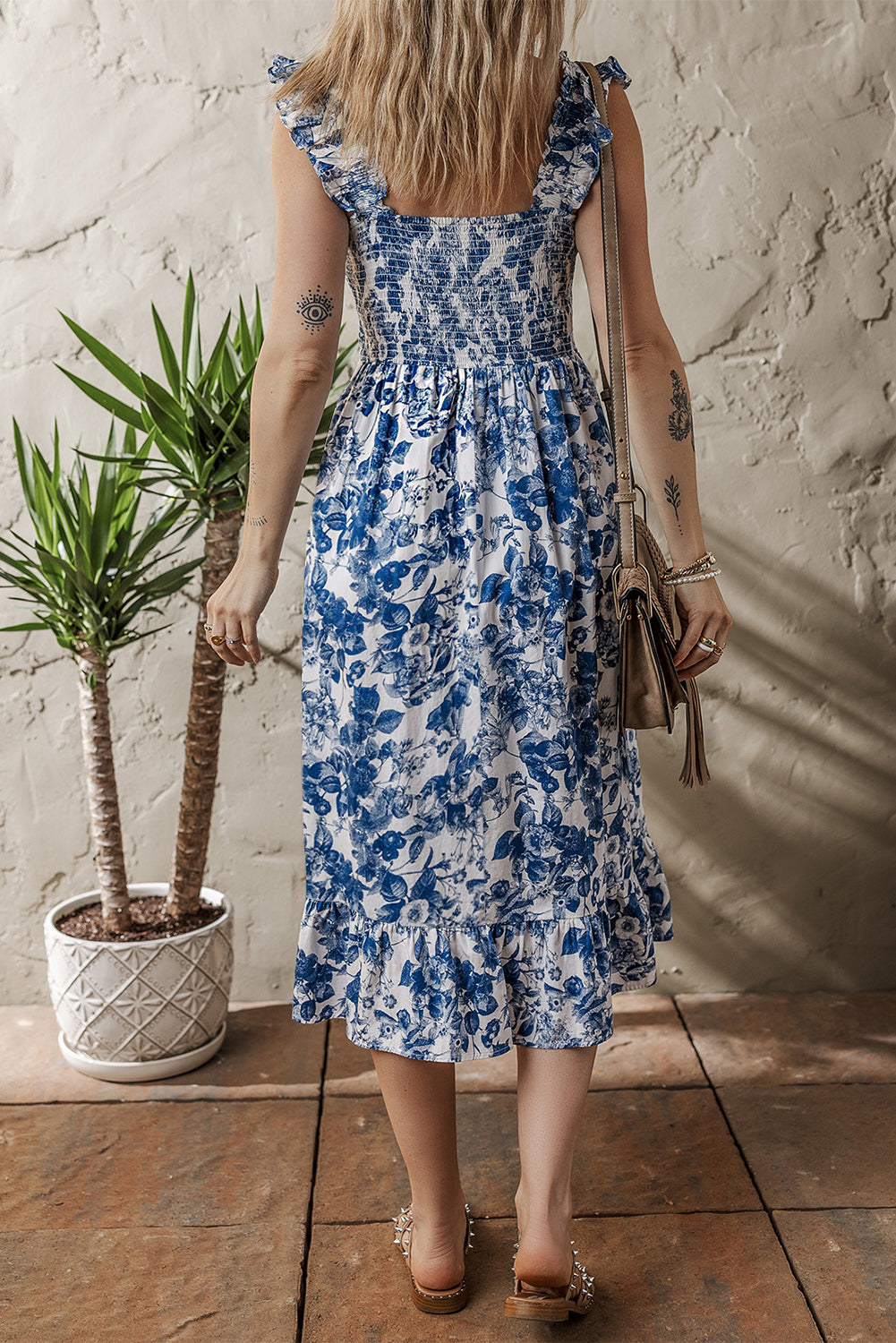 Blue Floral Ruffle Strap Square Neck Smocked Bodice Midi Dress-TOPS / DRESSES-[Adult]-[Female]-2022 Online Blue Zone Planet