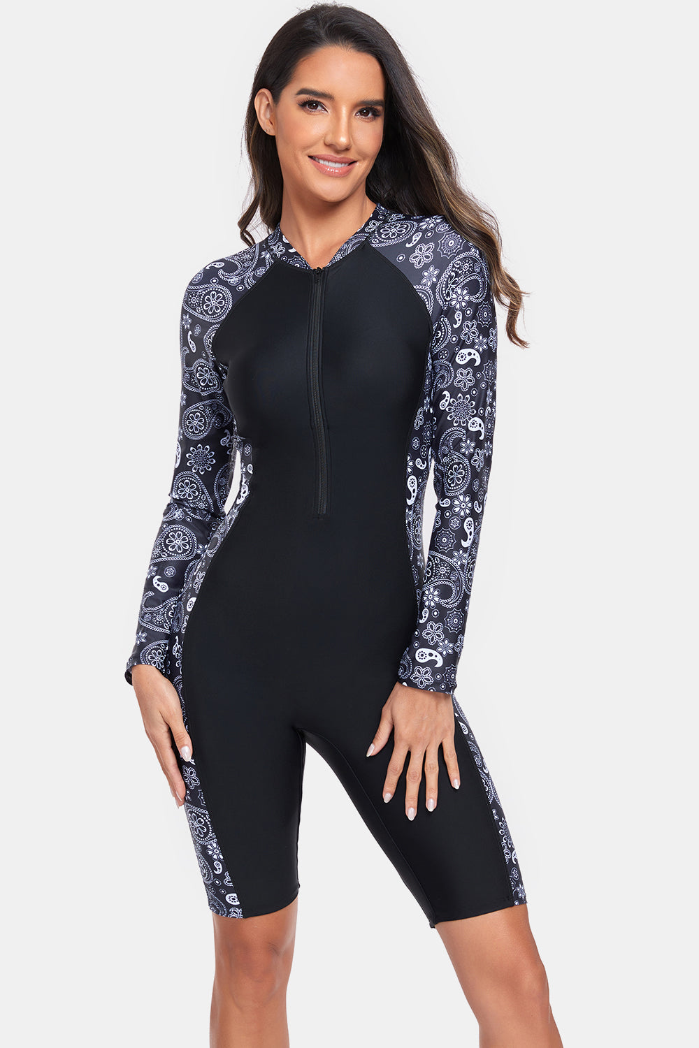 Blue Zone Planet | Printed Half Zip Long Sleeve One-Piece Swimwear-TOPS / DRESSES-[Adult]-[Female]-2022 Online Blue Zone Planet