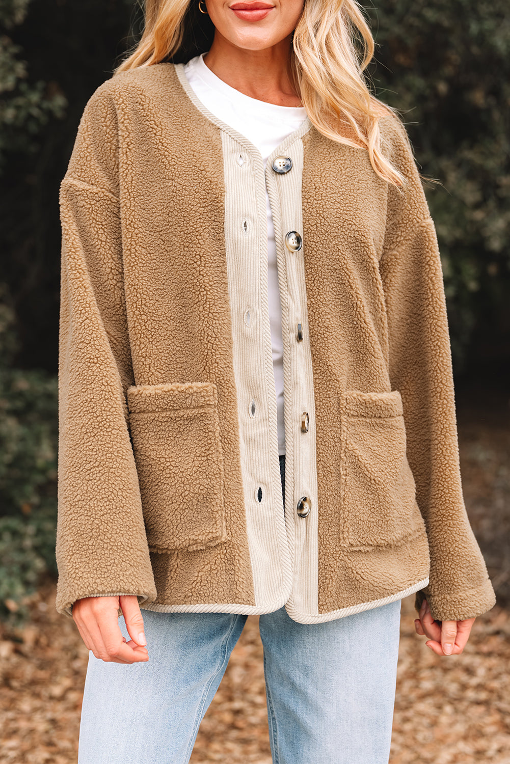 Light French Beige Puffy Plush Corduroy Edge Patchwork Jacket with Big Pockets-Outerwear/Jackets-[Adult]-[Female]-2022 Online Blue Zone Planet