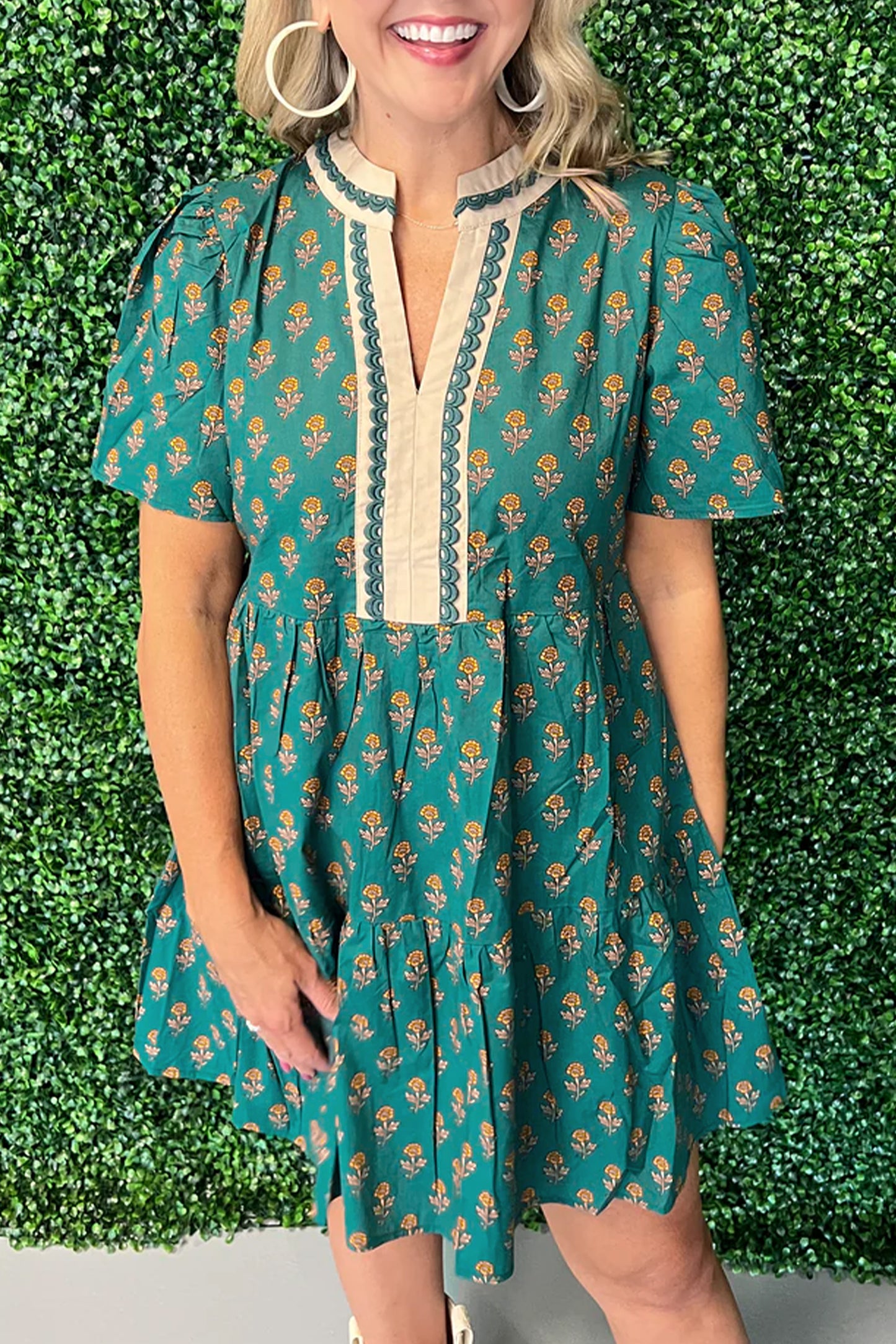 Green Contrast Trim V Neck Short Sleeve Floral Dress-TOPS / DRESSES-[Adult]-[Female]-2022 Online Blue Zone Planet