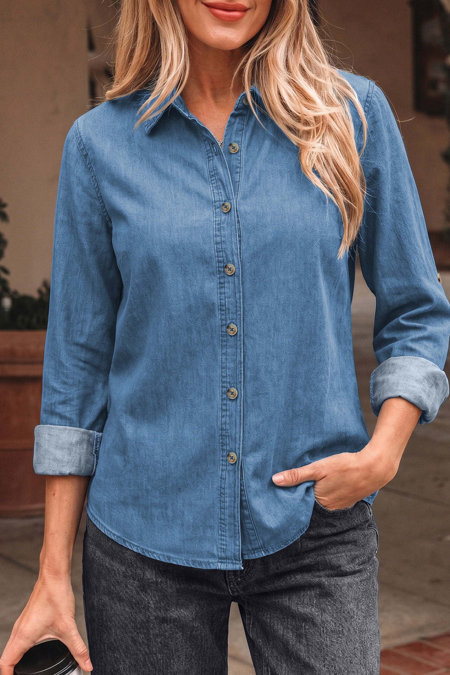 Myosotis Buttoned Down Slim Denim Shirt-Tops/Blouses & Shirts-[Adult]-[Female]-2022 Online Blue Zone Planet