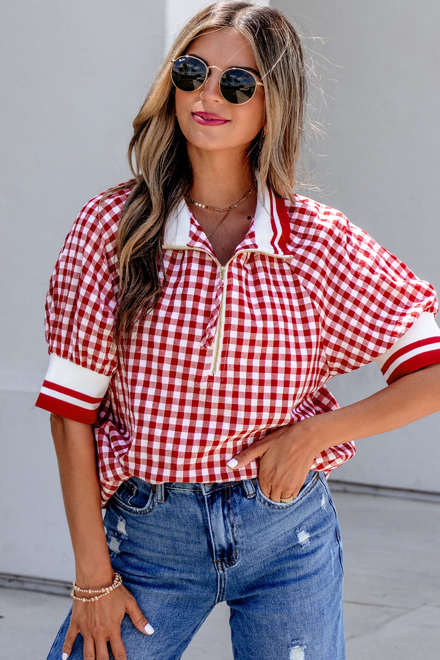 Red Gingham Striped Patchwork Half Zip Blouse-Tops/Blouses & Shirts-[Adult]-[Female]-2022 Online Blue Zone Planet