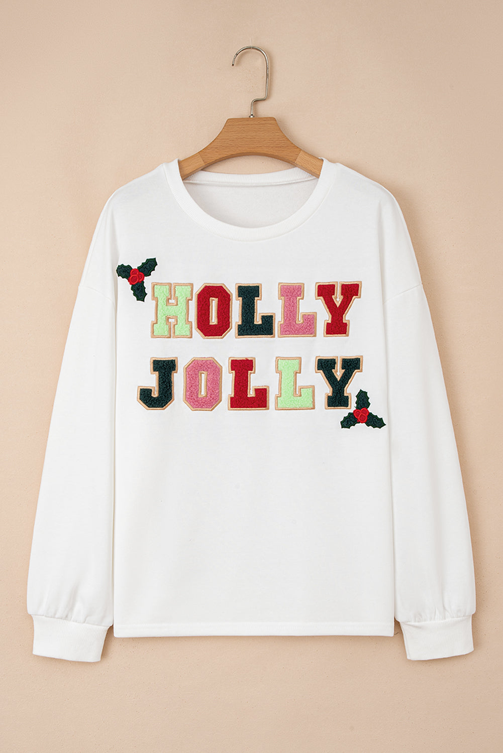 White HOLLY JOLLY Embroidered Graphic Pullover Sweatshirt-Tops/Sweatshirts & Hoodies-[Adult]-[Female]-2022 Online Blue Zone Planet